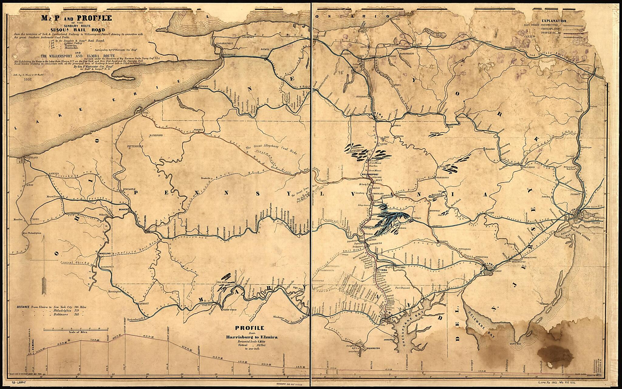 This old map of Map and Profile of the Sunbury Route Susqua. Rail Road from the Terminus of York & Cumberland Railway to Williamsport Pennsa. Showing Its Connection With the Great Southern Anthracite Coal Fields; 1st by the Dauphin & Susqa. Rail Road, 2d