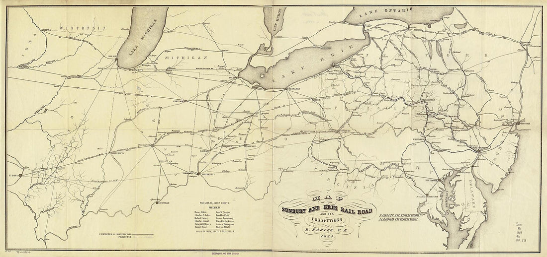 This old map of Map of the Sunbury and Erie Rail Road and Its Connections; P. Jarrett, Eng. Eastern Division, J. L. Randolph, Eng. Western Division, R. Faries, C.E from 1854 was created by Robert Faries, Sunbury and Erie Rail Road Company in 1854