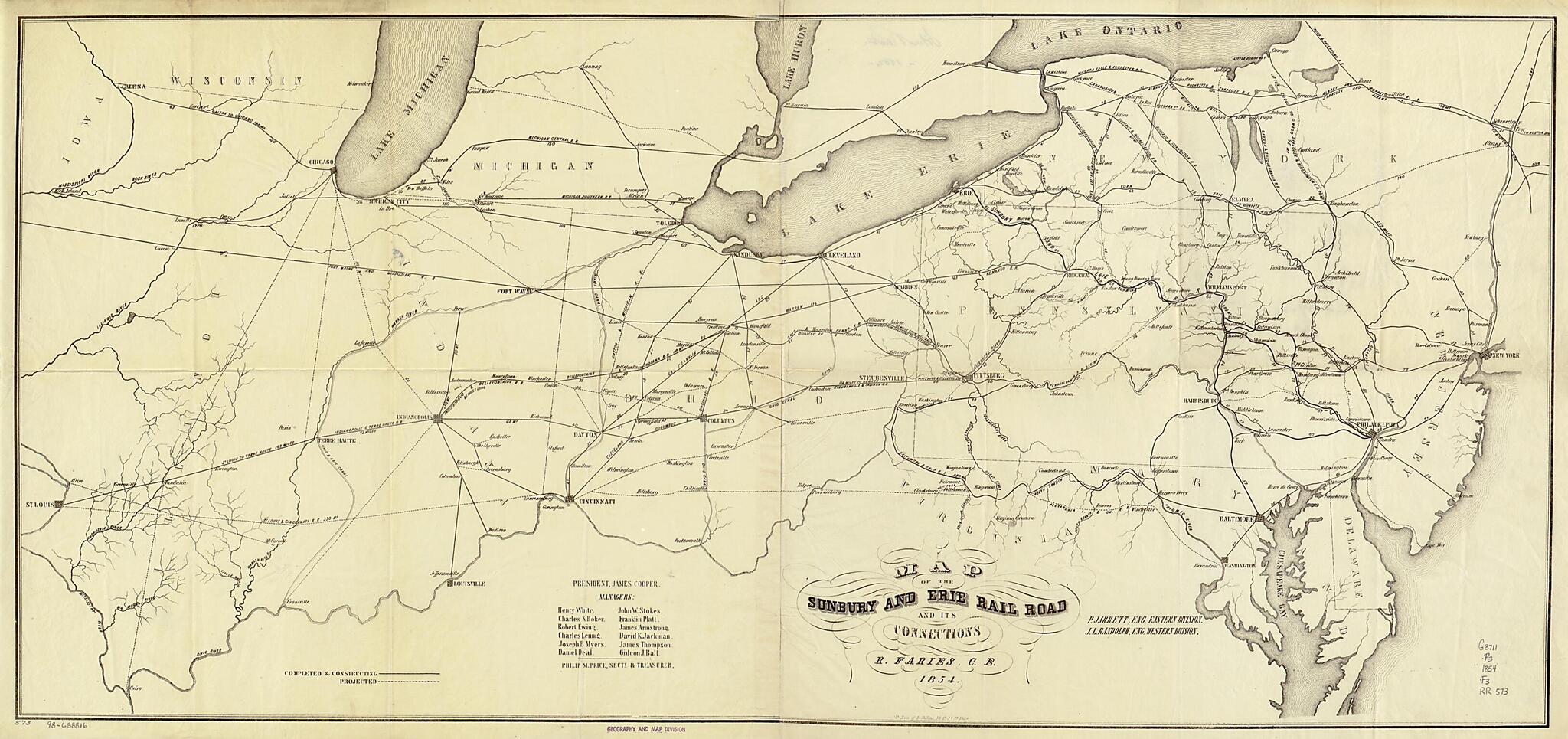 This old map of Map of the Sunbury and Erie Rail Road and Its Connections; P. Jarrett, Eng. Eastern Division, J. L. Randolph, Eng. Western Division, R. Faries, C.E from 1854 was created by Robert Faries, Sunbury and Erie Rail Road Company in 1854