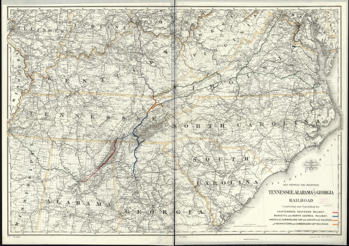 Map Showing the Proposed Tennessee, Alabama, and Georgia Railroad Connecting and Extending the Chattanooga Southern Railway, Marietta and North Georgia Railway, Knoxville, Cumberland Gap and Louisville Railroad, and Morristown and Cumberland Gap Railr... by Relic Map Company