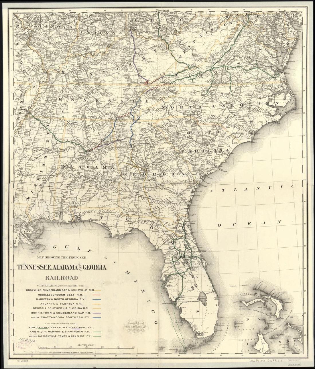 This old map of Map Showing the Proposed Tennessee, Alabama, and Georgia Railroad from 1893 was created by G.W. & C.B. Colton & Co, Alabama Tennessee in 1893