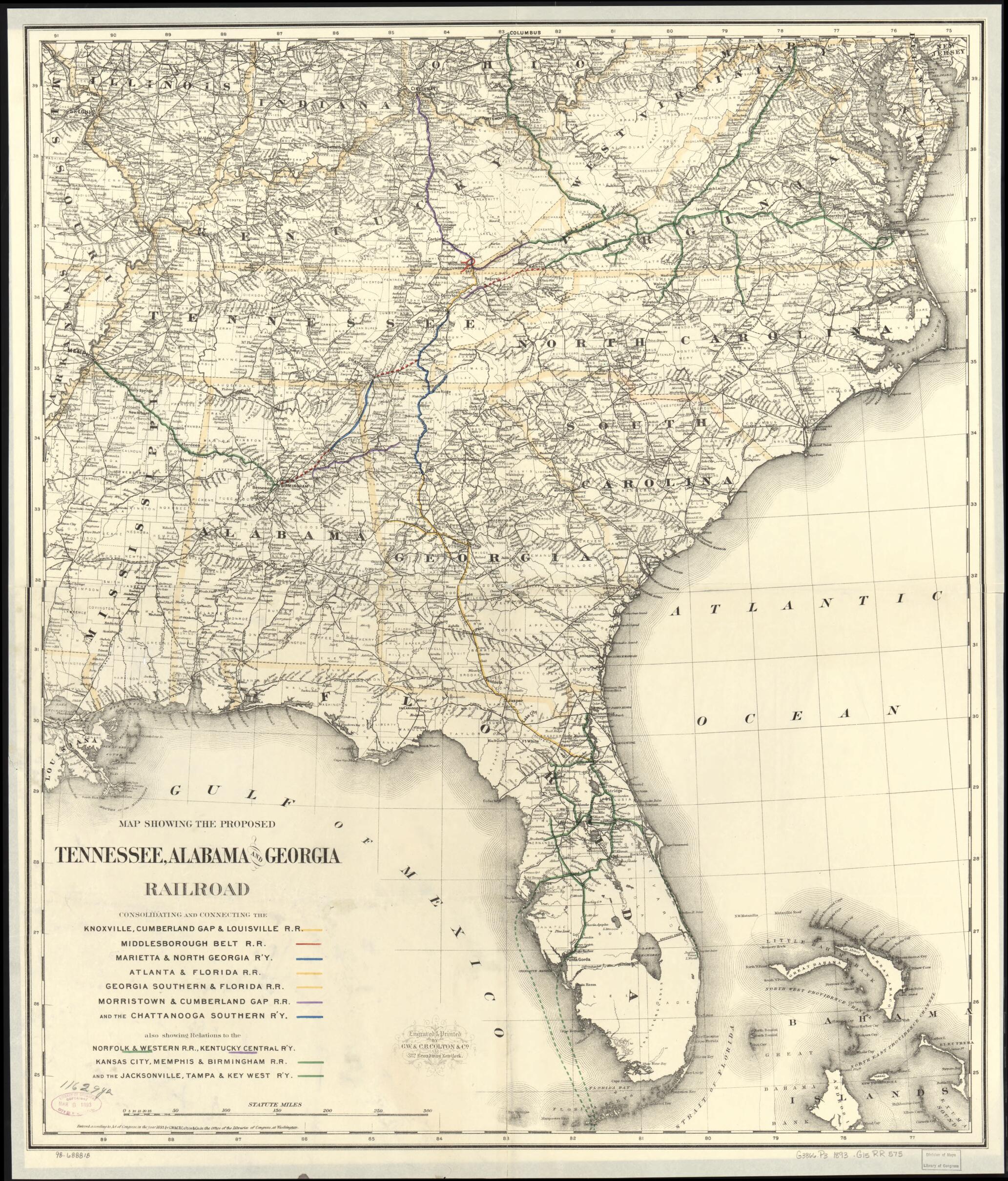 This old map of Map Showing the Proposed Tennessee, Alabama, and Georgia Railroad from 1893 was created by G.W. & C.B. Colton & Co, Alabama Tennessee in 1893
