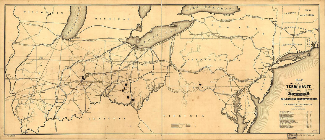 This old map of Map of Terre Haute and Richmond Rail Road and Connecting Lines from 1850 was created by Thomas A. (Thomas Armstrong) Morris, Terre Haute and Richmond Railroad in 1850