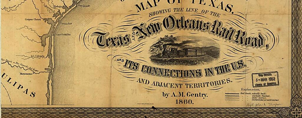This old map of Map of Texas, Showing the Line of the Texas and New Orleans Rail Road, and Its Connections In the U.S. and Adjacent Territories from 1860 was created by Abm. M. (Abram Morrice) Gentry,  Texas and New Orleans Railroad Company in 1860