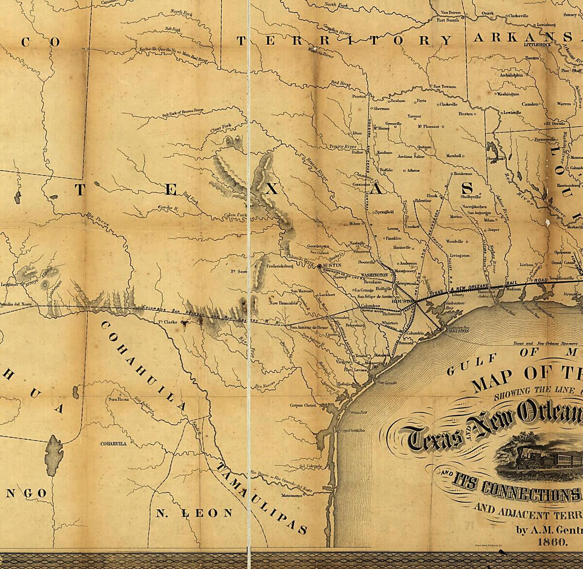 This old map of Map of Texas, Showing the Line of the Texas and New Orleans Rail Road, and Its Connections In the U.S. and Adjacent Territories from 1860 was created by Abm. M. (Abram Morrice) Gentry,  Texas and New Orleans Railroad Company in 1860