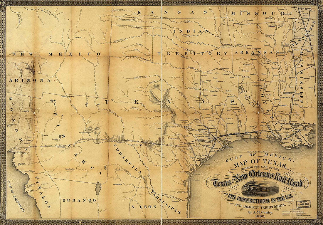 This old map of Map of Texas, Showing the Line of the Texas and New Orleans Rail Road, and Its Connections In the U.S. and Adjacent Territories from 1860 was created by Abm. M. (Abram Morrice) Gentry, Texas and New Orleans Railroad Company in 1860