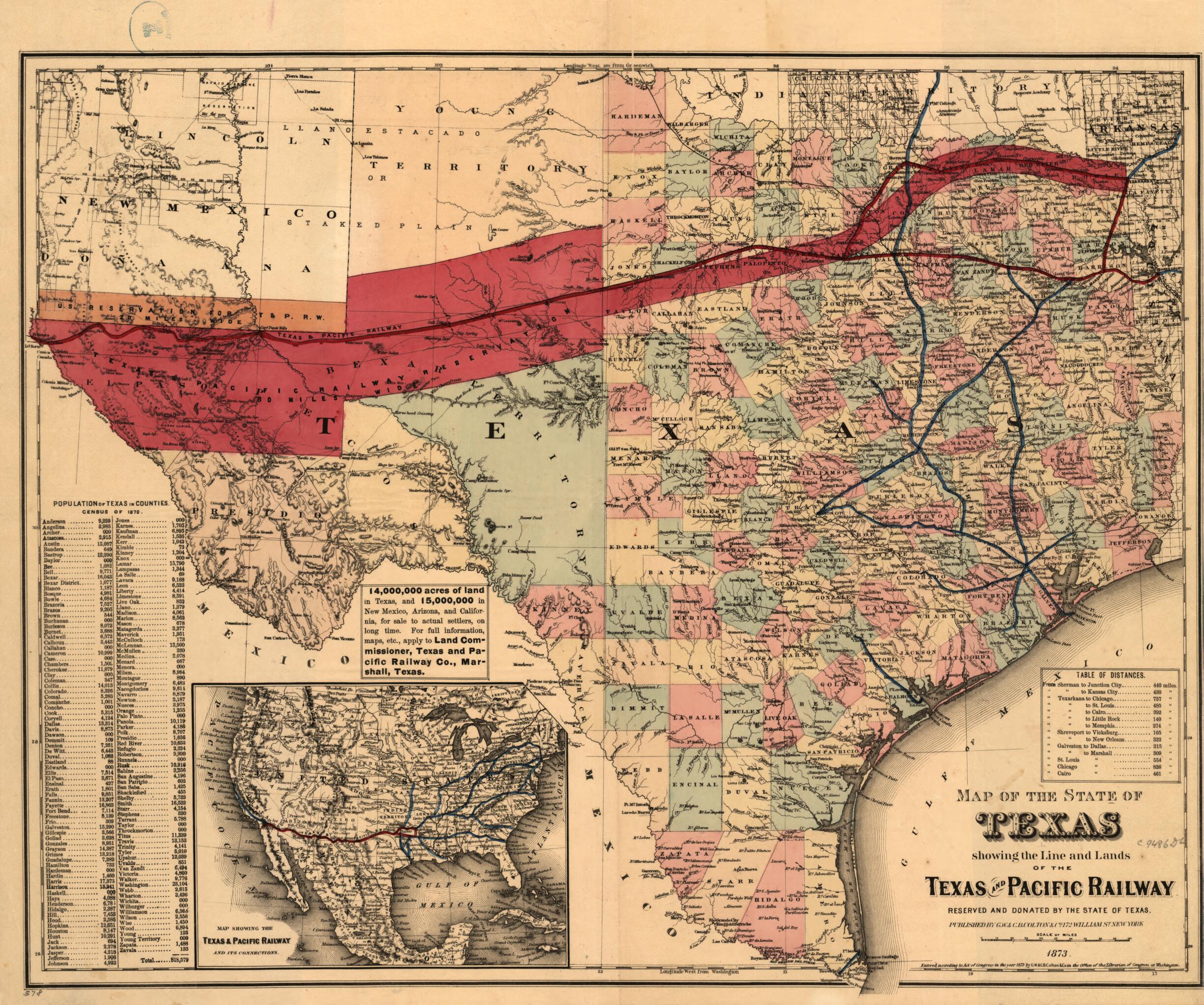 This old map of Map of the State of Texas Showing the Line and Lands of the Texas and Pacific Railway Reserved and Donated by the State of Texas, from 1873 was created by G.W. & C.B. Colton & Co, Texas & Pacific Railway in 1873
