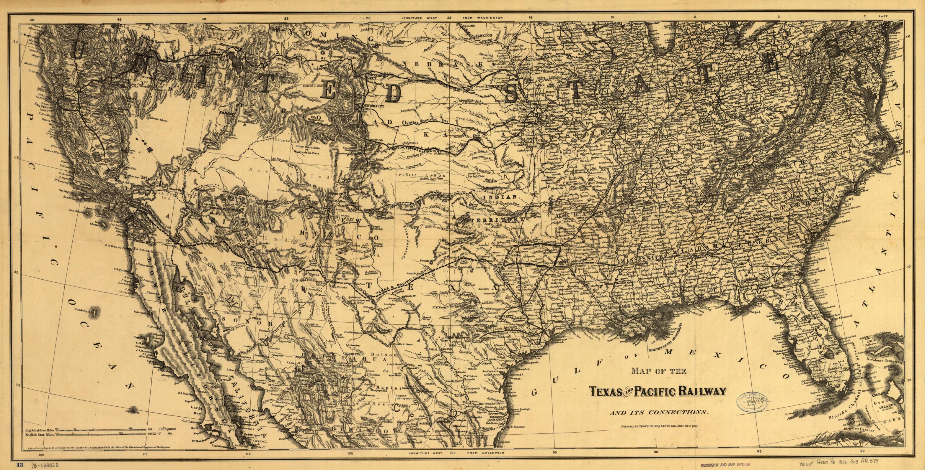 This old map of Texas and Pacific Railway and Its Connections from 1876 was created by G.W. & C.B. Colton & Co, Texas & Pacific Railway in 1876