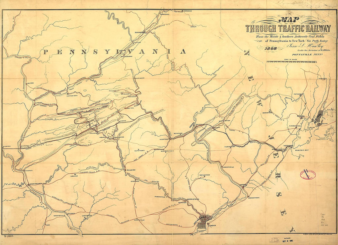 This old map of Map of Through Traffic Railway from the Middle & Southern Anthracite Coal Fields of Pennsylvania to New York Via Perth Amboy; Jesse L. Hawley Under Direction of R.A. Wilder from 1868 was created by Jesse L. Hawley, Through Traffic Railwa