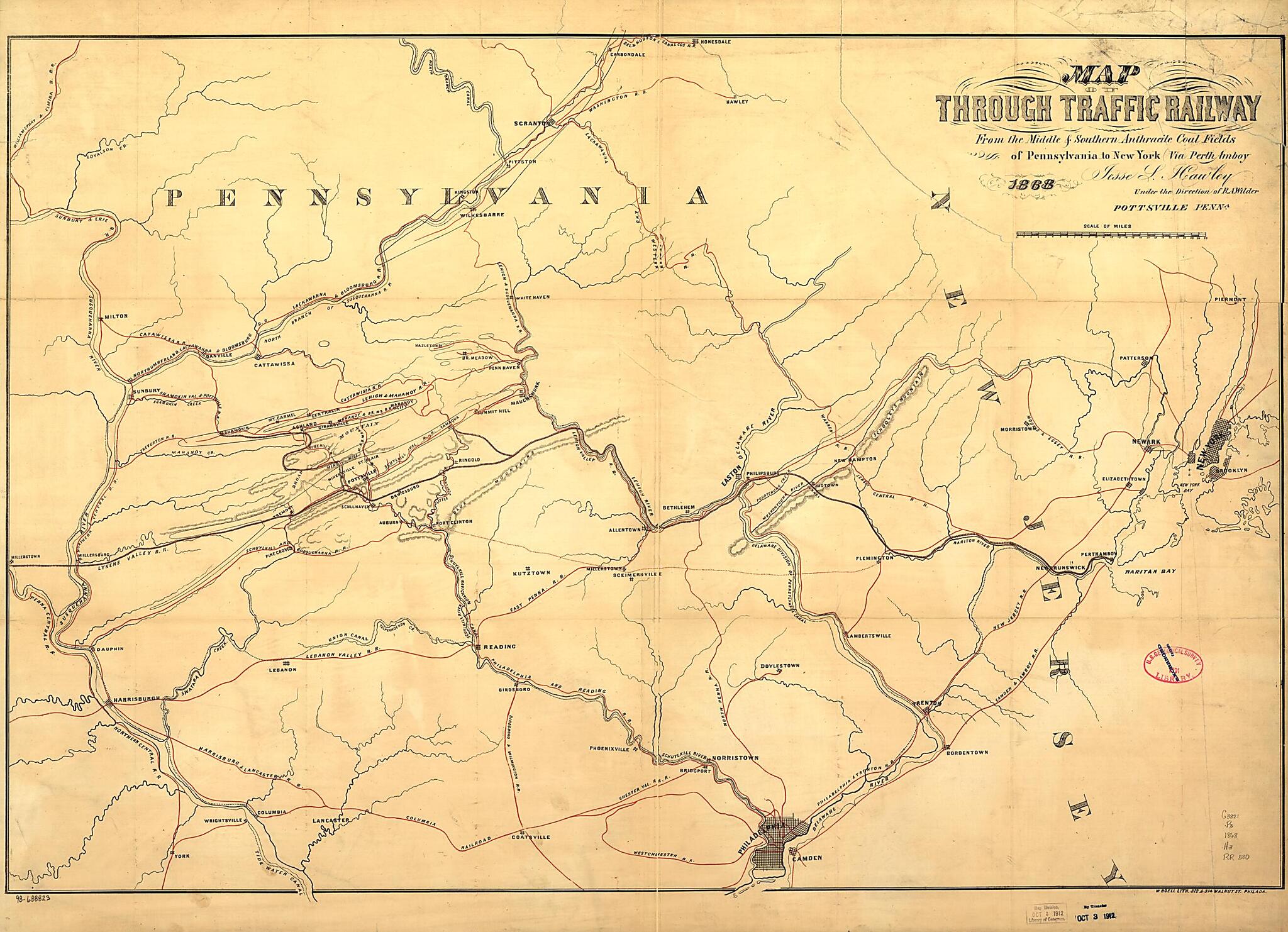 This old map of Map of Through Traffic Railway from the Middle & Southern Anthracite Coal Fields of Pennsylvania to New York Via Perth Amboy; Jesse L. Hawley Under Direction of R.A. Wilder from 1868 was created by Jesse L. Hawley, Through Traffic Railwa