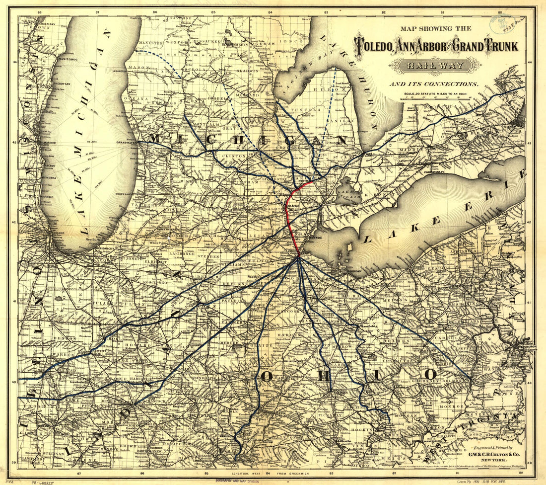 This old map of Map Showing the Toledo, Ann Arbor, and Grand Truck Railway and Its Connections, from 1881 was created by G.W. & C.B. Colton & Co, Ann Arbor Toledo in 1881