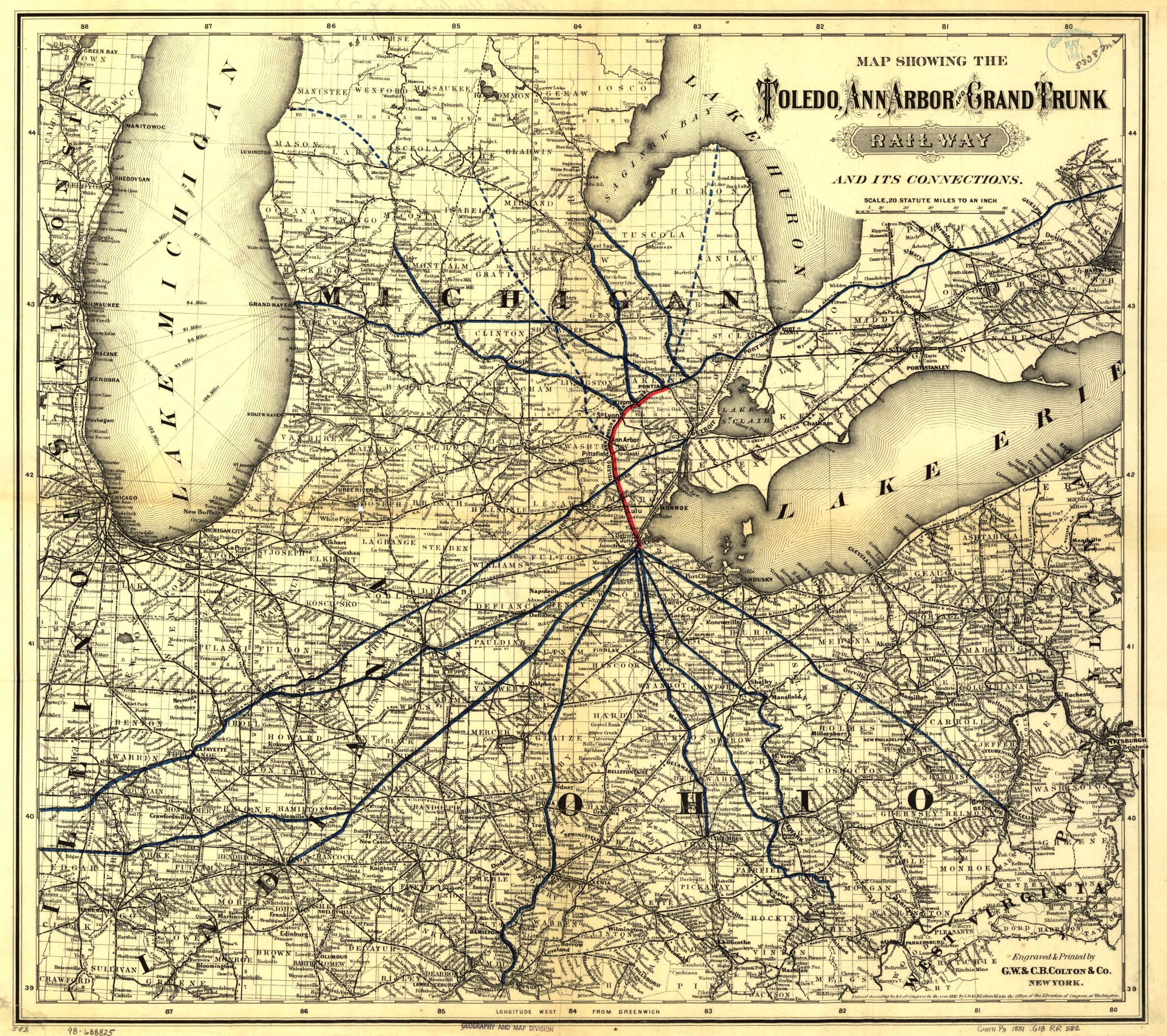 This old map of Map Showing the Toledo, Ann Arbor, and Grand Truck Railway and Its Connections, from 1881 was created by G.W. & C.B. Colton & Co, Ann Arbor Toledo in 1881