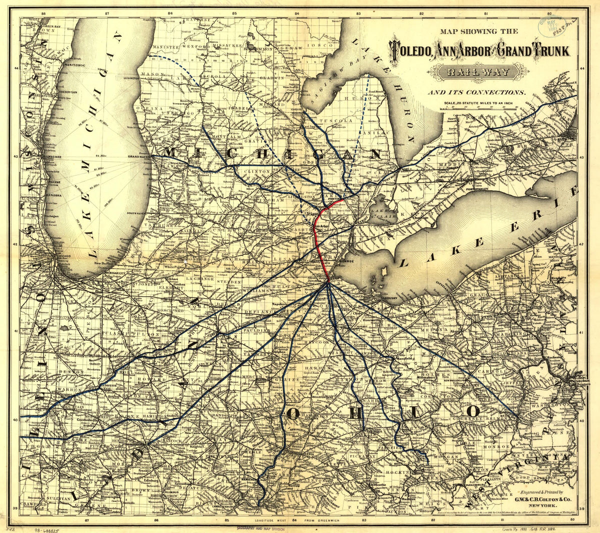 Map Showing the Toledo, Ann Arbor, and Grand Truck Railway and Its Connections, 1881 by Relic Map Company