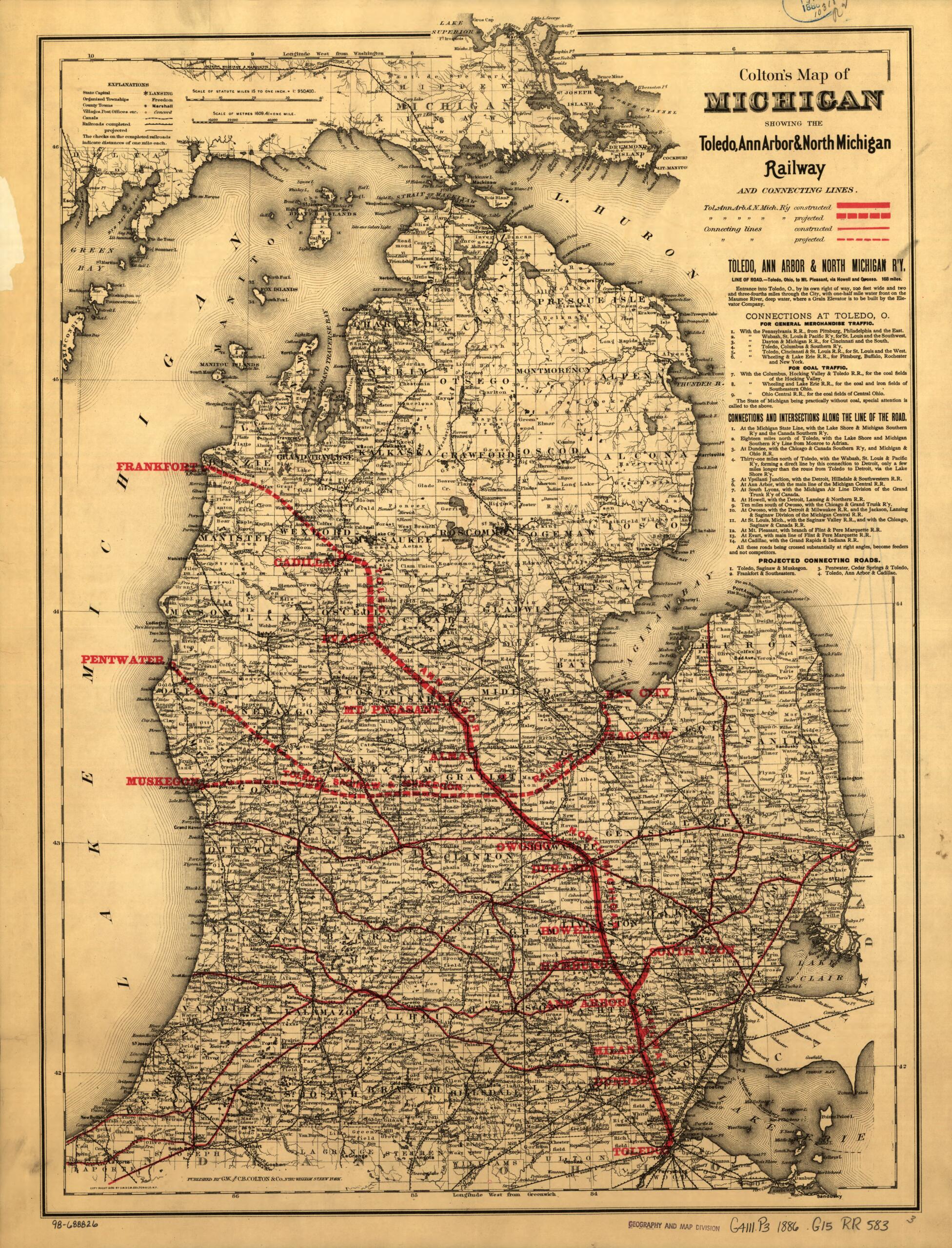 This old map of Map of Michigan Showing the Toledo, Ann Arbor, & North Michigan Railway and Connecting Lines from 1886 was created by G.W. & C.B. Colton & Co, Ann Arbor Toledo in 1886