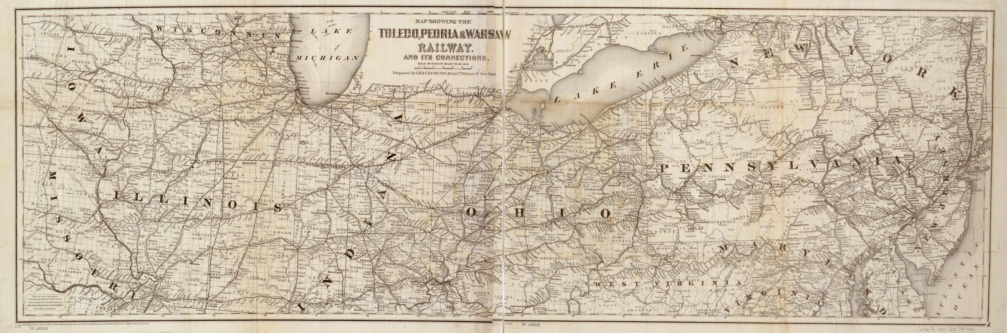 This old map of Map Showing the Toledo, Peoria, & Warsaw Railway and Its Connections, from 1867 was created by G.W. & C.B. Colton & Co, Peoria & Warsaw Railway Toledo in 1867