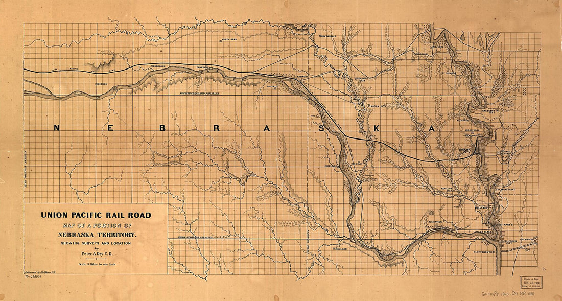 This old map of Union Pacific Rail Road, Map of a Portion of Nebraska Territory, Showing Surveys and Location of Lines by Peter A. Dey, C.E from 1865 was created by Peter Anthony Dey, Union Pacific Railroad Company in 1865