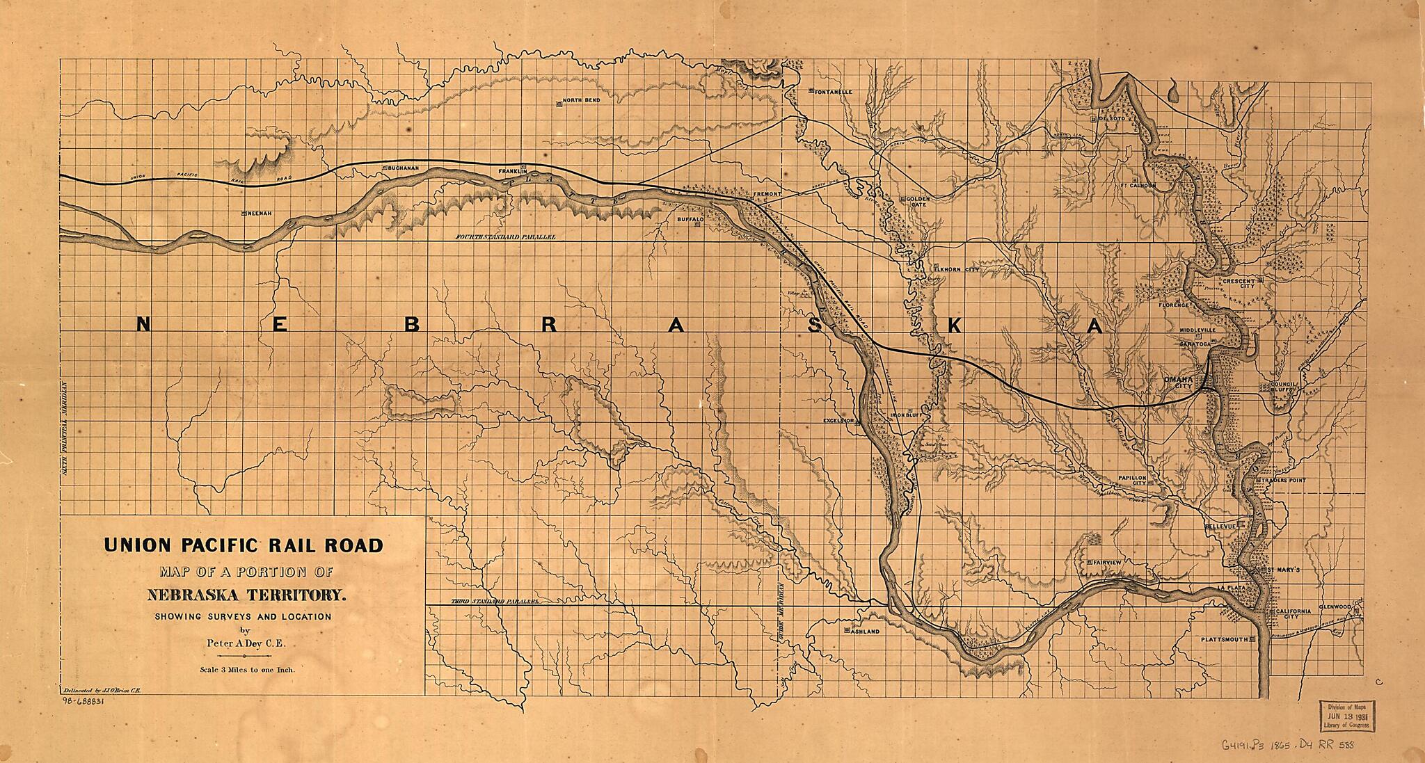 This old map of Union Pacific Rail Road, Map of a Portion of Nebraska Territory, Showing Surveys and Location of Lines by Peter A. Dey, C.E from 1865 was created by Peter Anthony Dey, Union Pacific Railroad Company in 1865