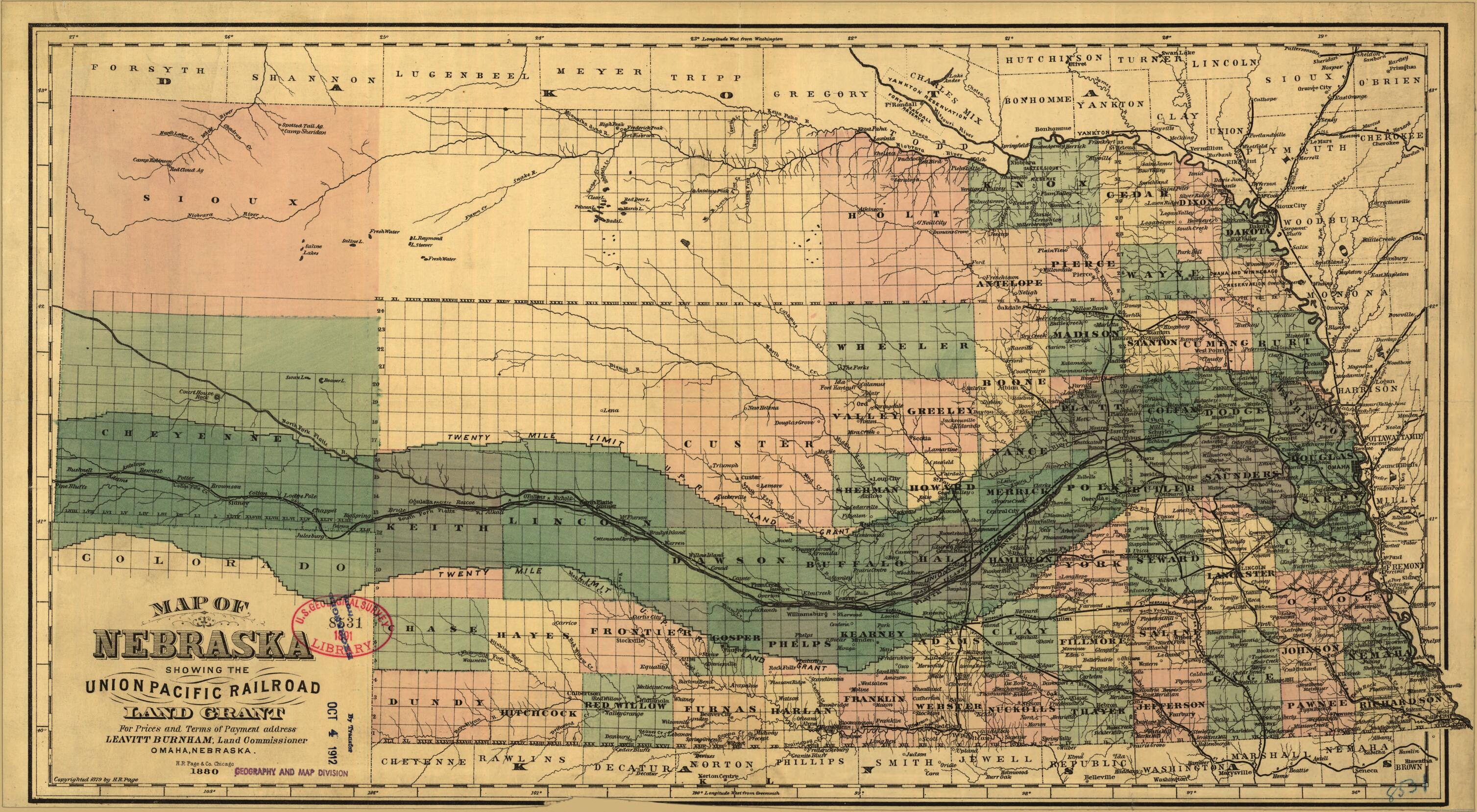 This old map of Map of Nebraska Showing the Union Pacific Railroad Land Grant from 1880 was created by H. R. Parge, Union Pacific Railroad Company in 1880