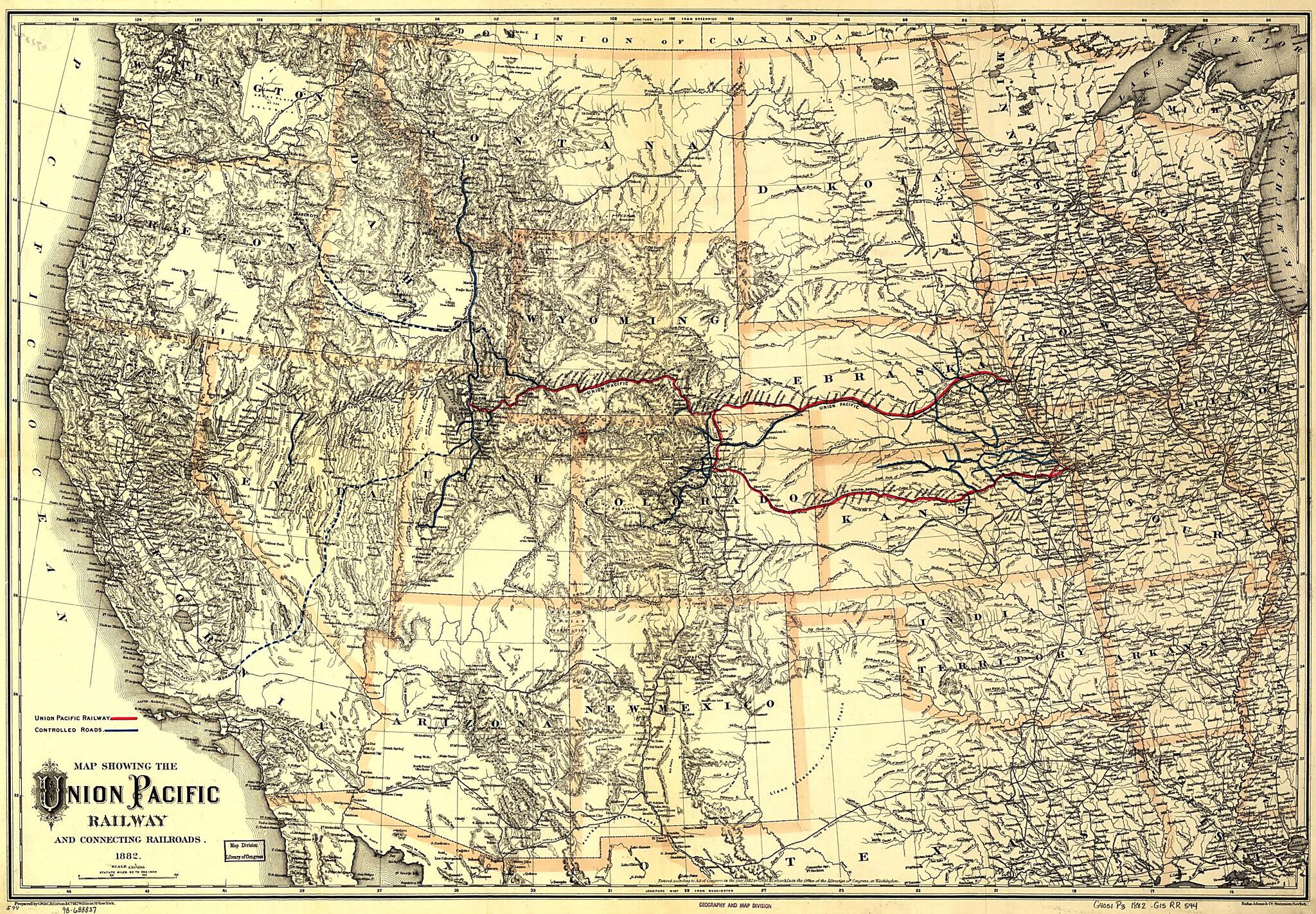 This old map of Map Showing the Union Pacific Railway and Connecting Railroads from 1882 was created by G.W. & C.B. Colton & Co, Union Pacific Railway Company in 1882