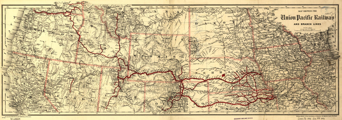 This old map of Map Showing the Union Pacific Railway and Branch Lines from 1888 was created by G.W. & C.B. Colton & Co, Union Pacific Railway Company in 1888