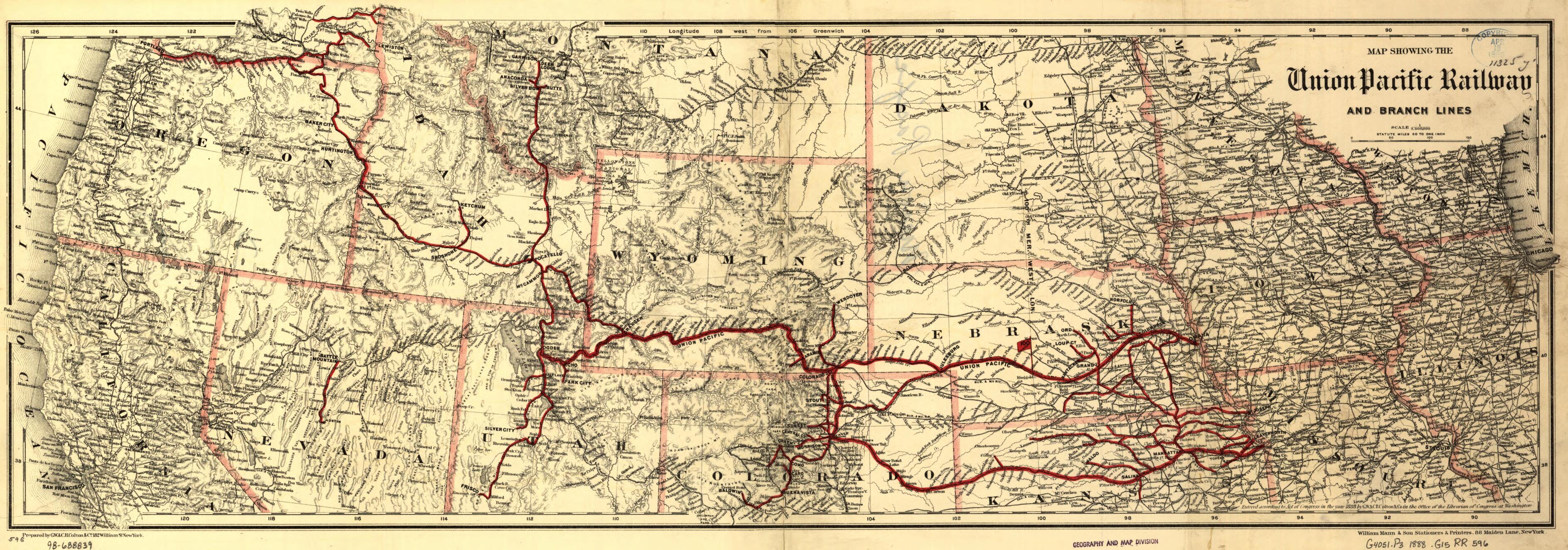 This old map of Map Showing the Union Pacific Railway and Branch Lines from 1888 was created by G.W. & C.B. Colton & Co, Union Pacific Railway Company in 1888