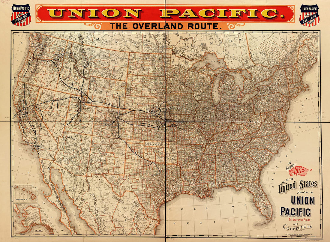 This old map of A Correct Map of the United States Showing the Union Pacific, the Overland Route and Connections from 1892 was created by Leonard & Company Knight, Union Pacific Railway Company in 1892