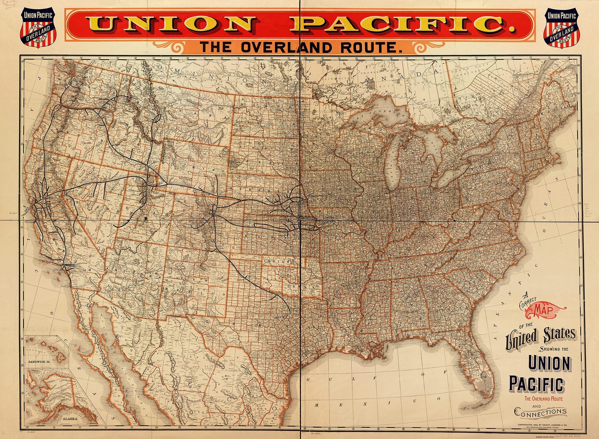 This old map of A Correct Map of the United States Showing the Union Pacific, the Overland Route and Connections from 1892 was created by Leonard & Company Knight, Union Pacific Railway Company in 1892