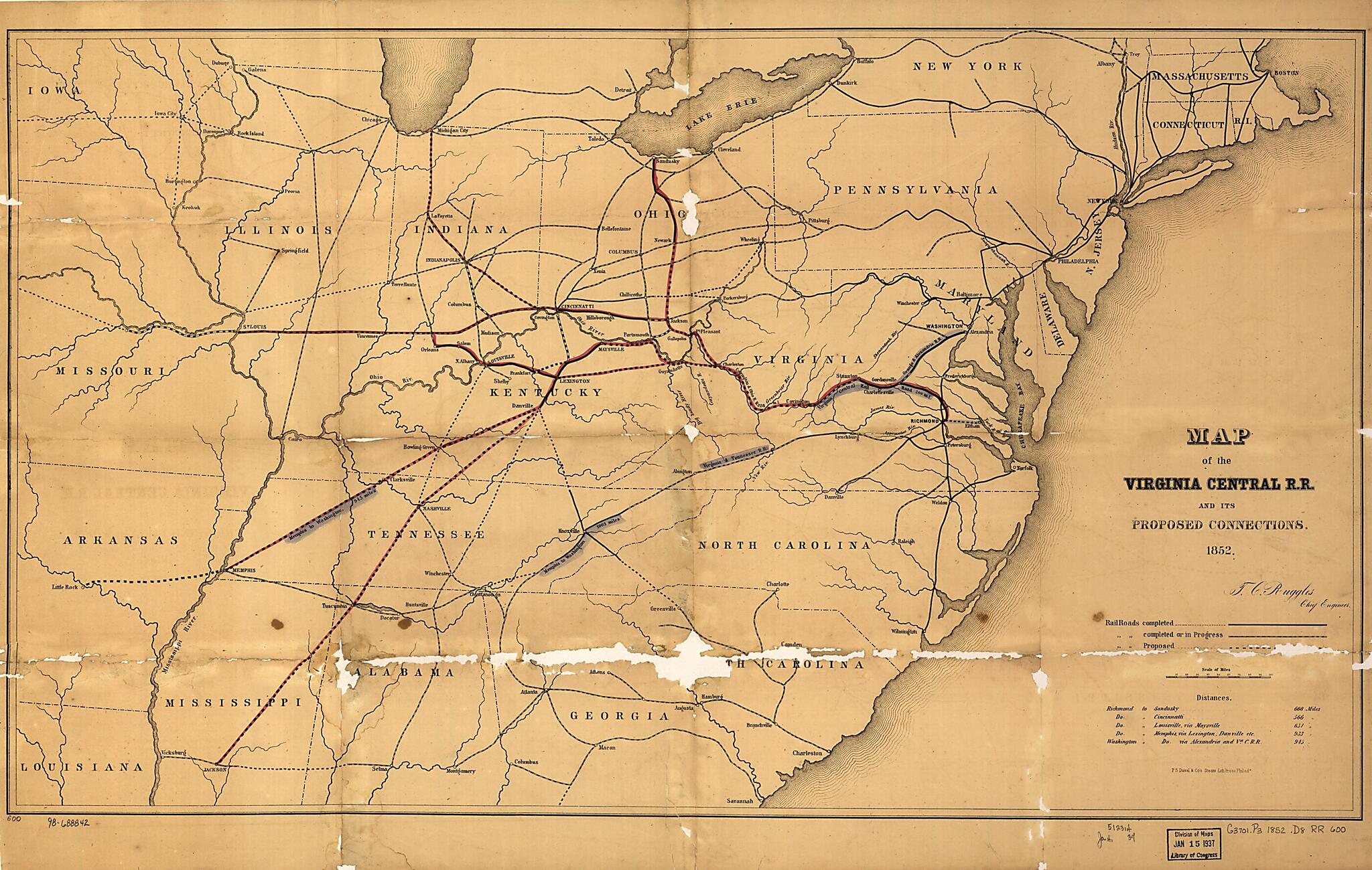 This old map of Map of the Virginia Central Railroad and Its Proposed Connections from 1852 was created by T. C. Ruggles, Virginia Central Railroad Company in 1852