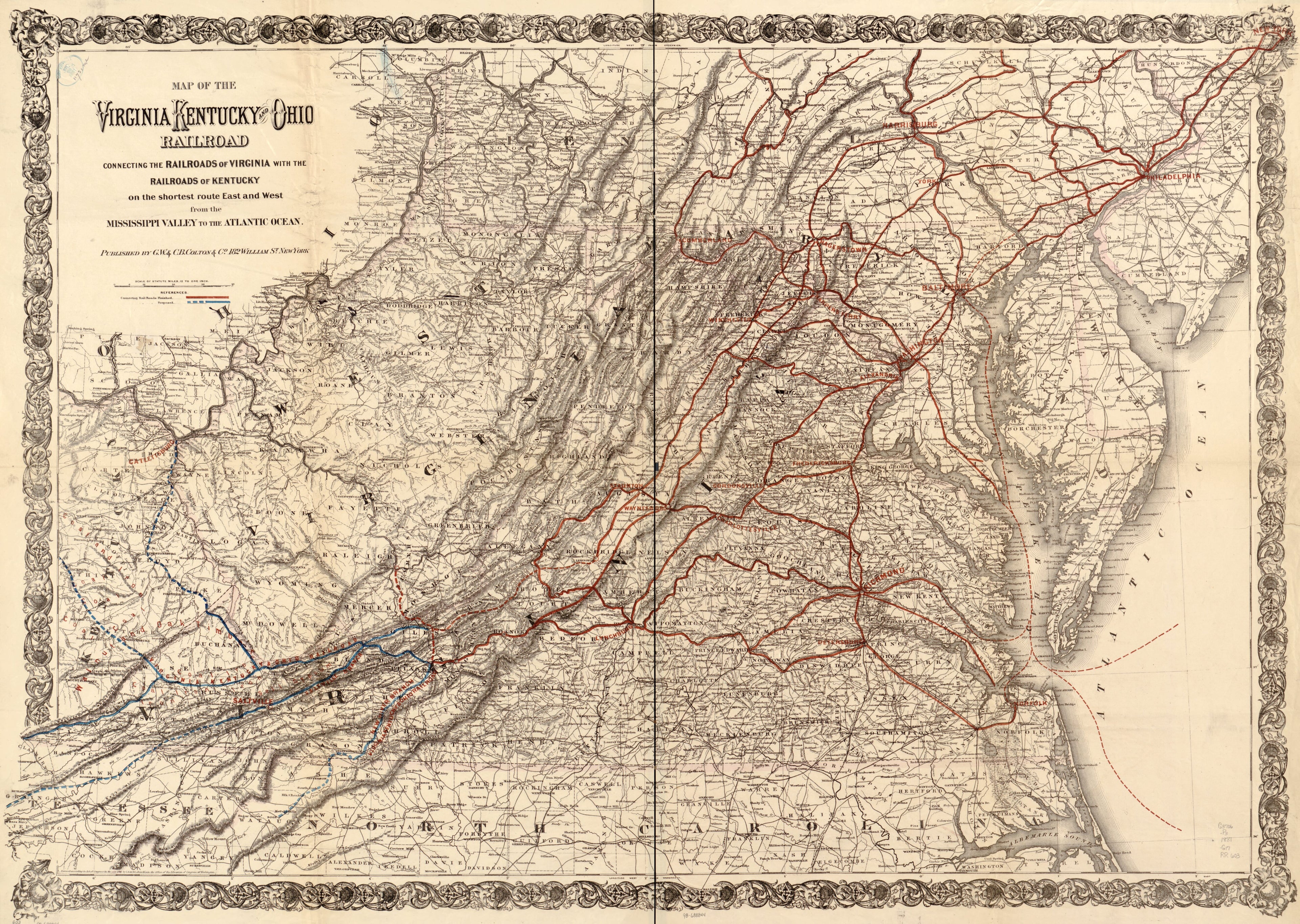 This old map of Map of the Virginia, Kentucky, and Ohio Railroad Connecting the Railroads of Virginia With the Railroads of Kentucky On the Shortest Route East and West from the Mississippi Valley to the Atlantic Ocean from 1881 was created by G.W. & C.