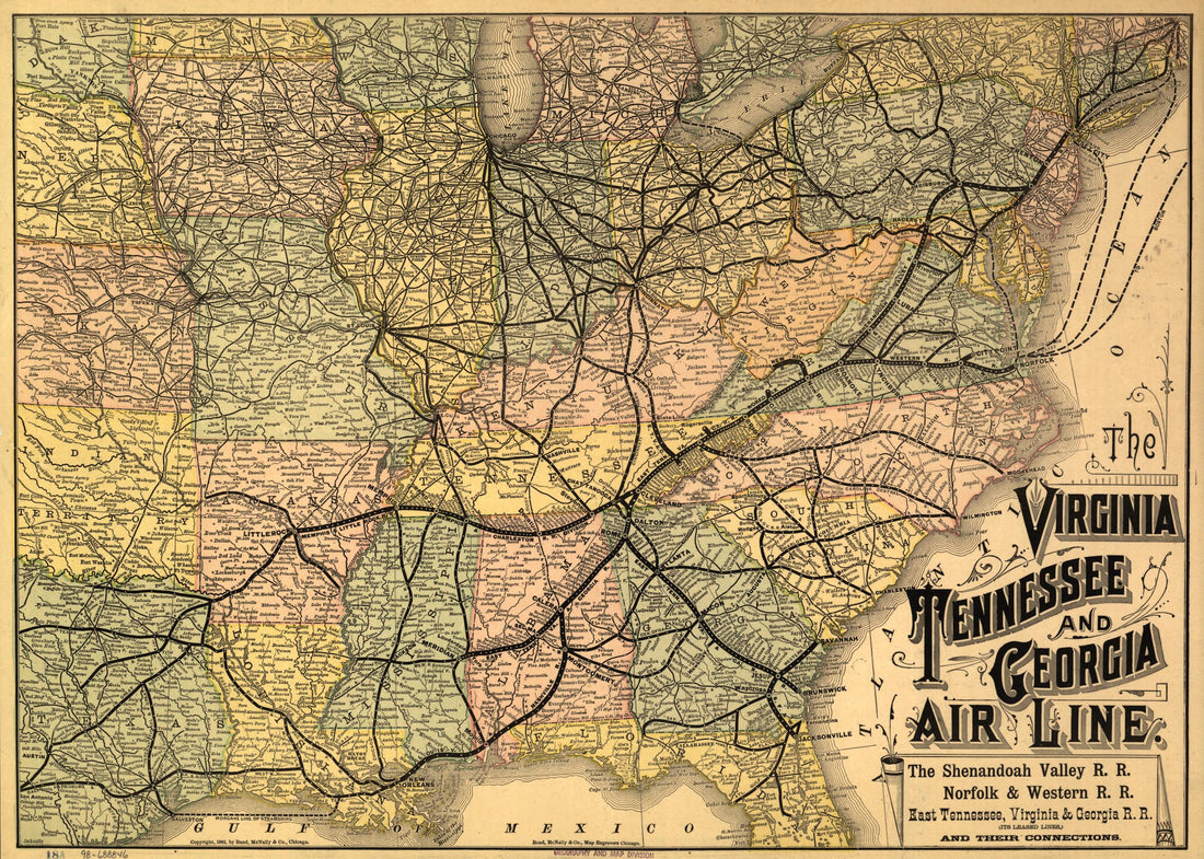 This old map of The Virginia, Tennessee, and Georgia Air Line; the Shenandoah Valley R.R.; Norfolk & Western R.R.; East Tennessee, Virginia, & Georgia R.R. (its Leased Lines,) and Their Connections from 1882 was created by Rand McNally and Company, Tenn
