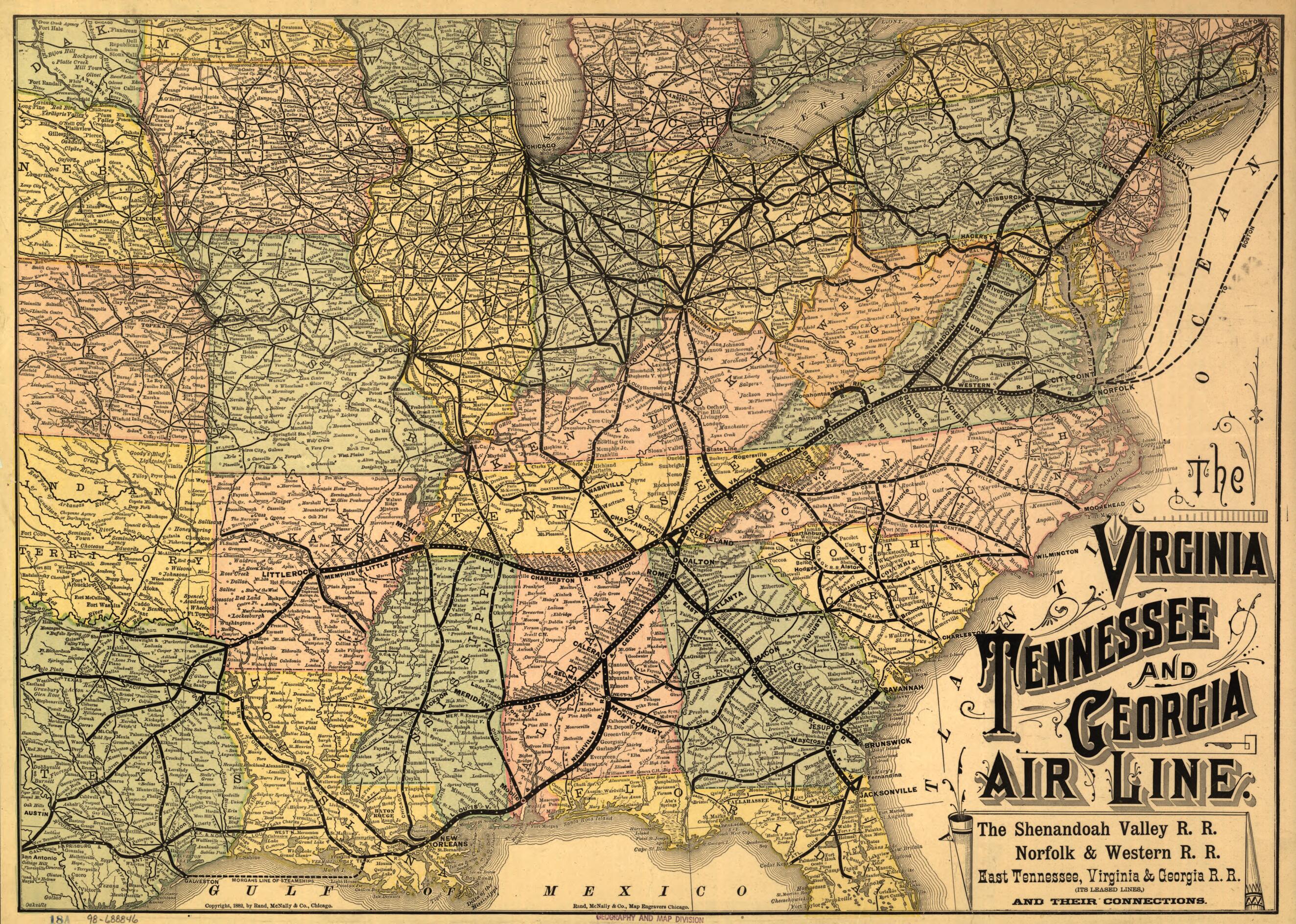 This old map of The Virginia, Tennessee, and Georgia Air Line; the Shenandoah Valley R.R.; Norfolk & Western R.R.; East Tennessee, Virginia, & Georgia R.R. (its Leased Lines,) and Their Connections from 1882 was created by Rand McNally and Company, Tenn