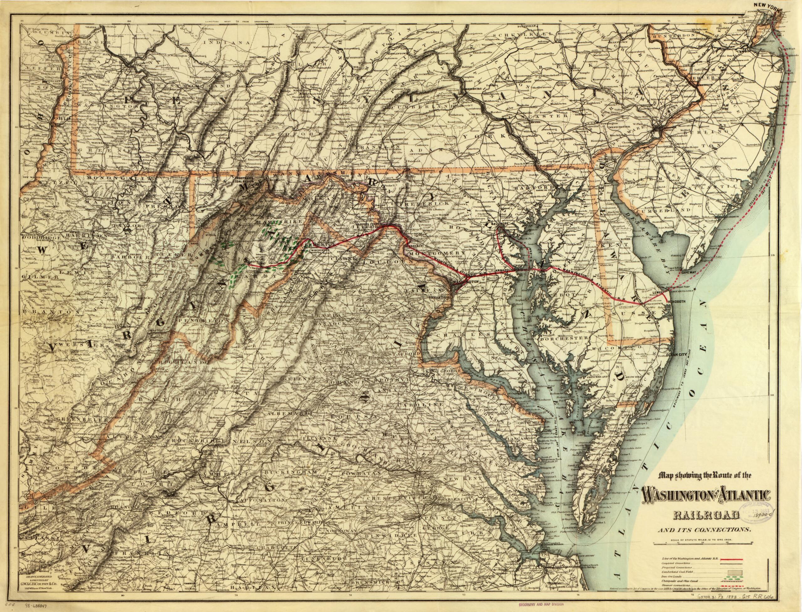 This old map of Map Showing the Route of the Washington and Atlantic Railroad and Its Connections from 1883 was created by G.W. & C.B. Colton & Co, Washington and Atlantic Railroad in 1883