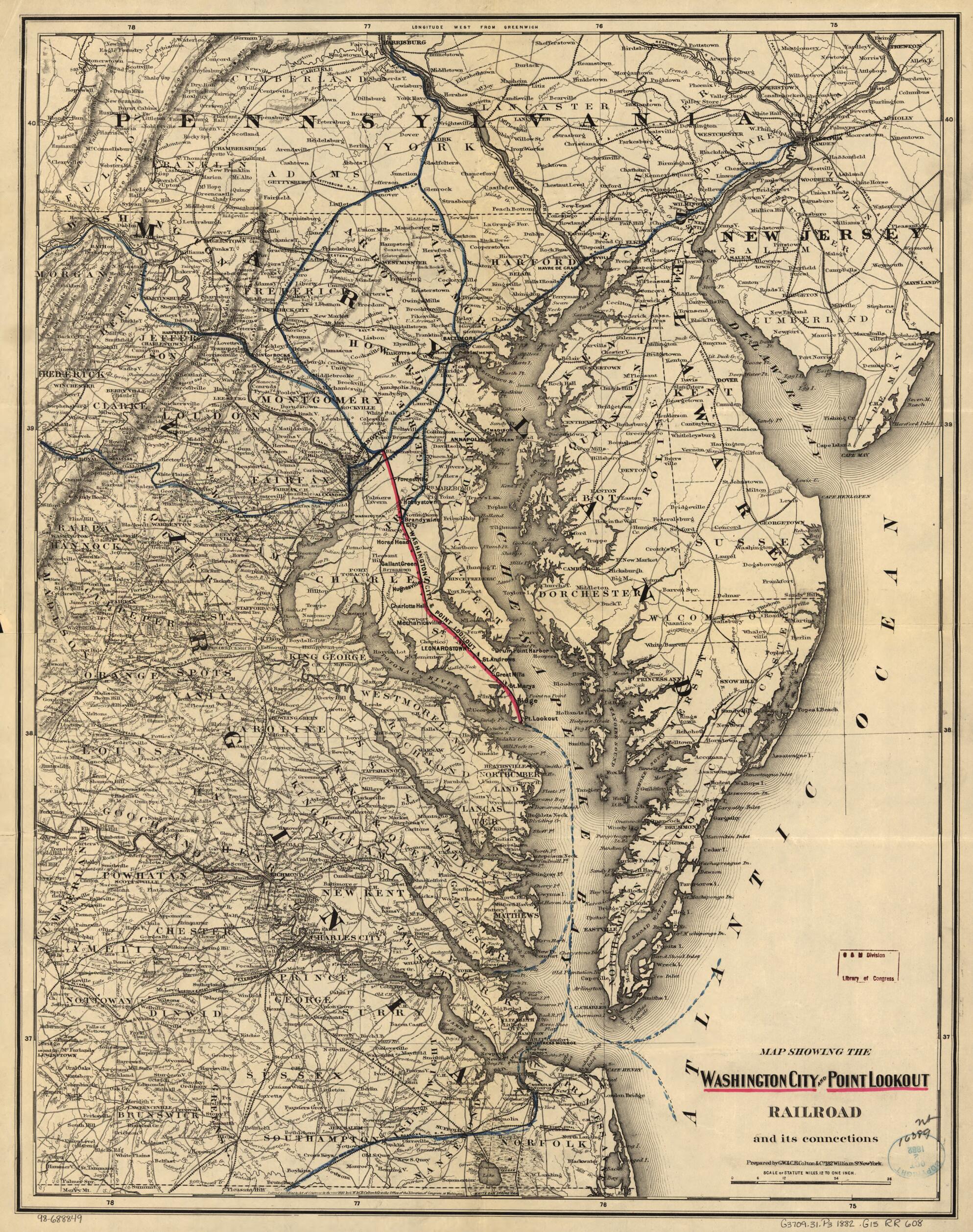This old map of Map Showing the Washington City and Point Lookout Railroad and Its Connections from 1882 was created by G.W. & C.B. Colton & Co, Washington City and Point Lookout Railroad in 1882