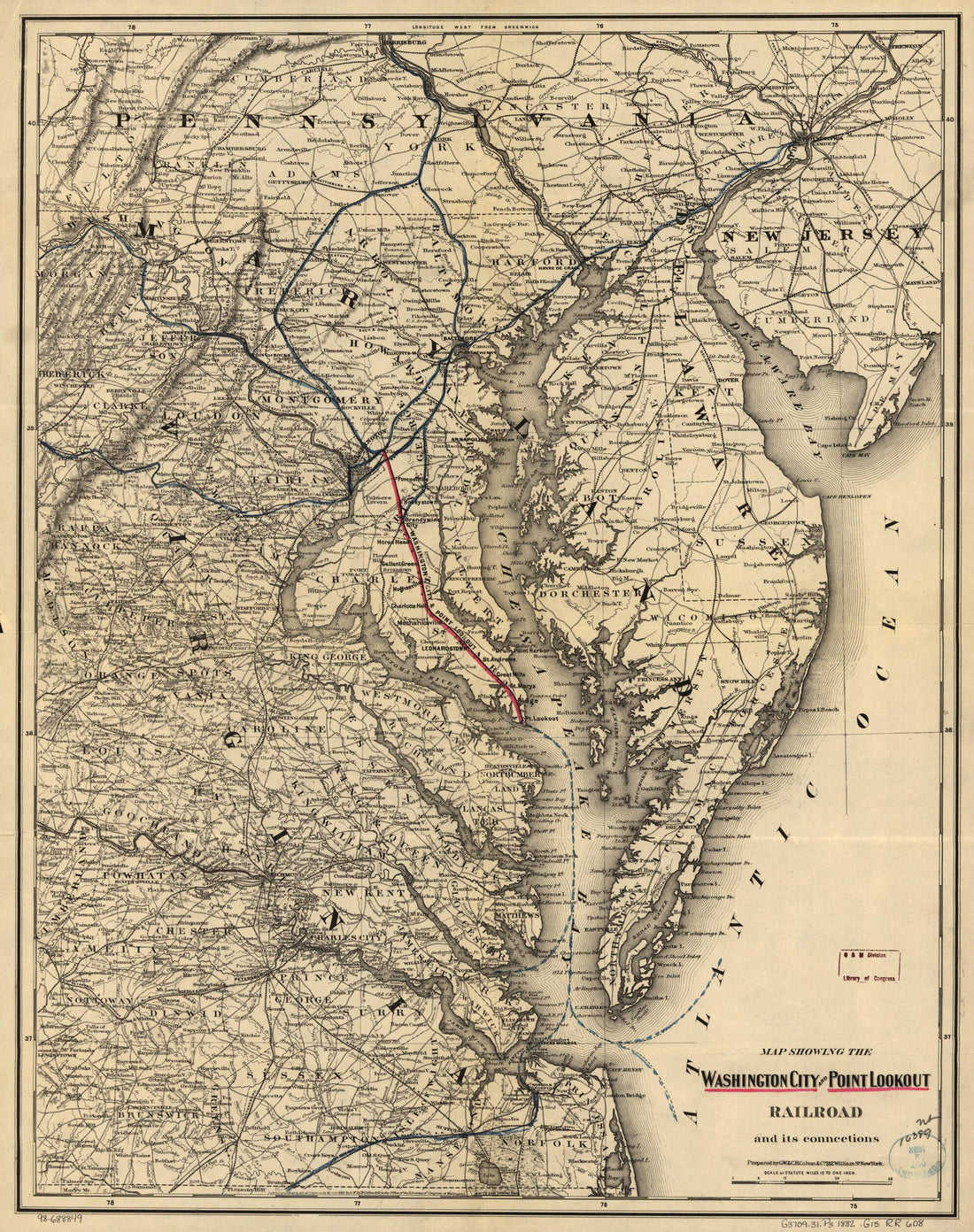 This old map of Map Showing the Washington City and Point Lookout Railroad and Its Connections from 1882 was created by G.W. & C.B. Colton & Co, Washington City and Point Lookout Railroad in 1882