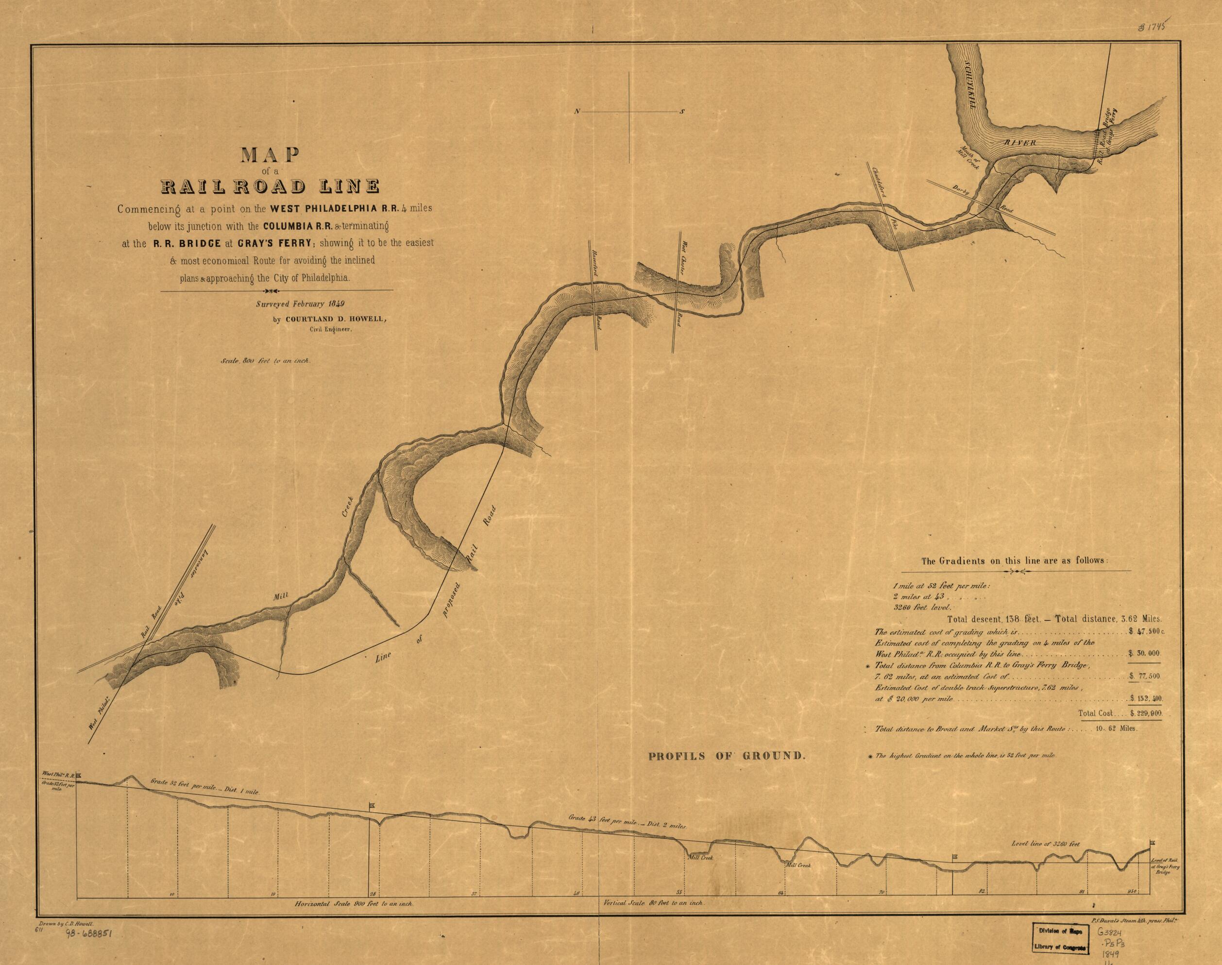 This old map of Philadelphia R.R. 4 Miles Below Its Junction With the Columbia R.R. & Terminating at the R.R. Bridge at Gray&