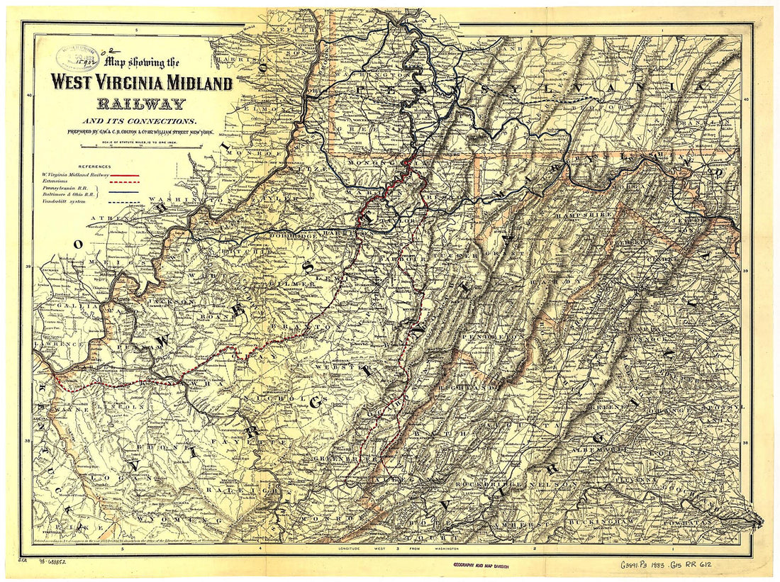 This old map of Map Showing the West Virginia Midland Railway and Its Connections from 1883 was created by G.W. & C.B. Colton & Co, West Virginia Midland Railroad in 1883