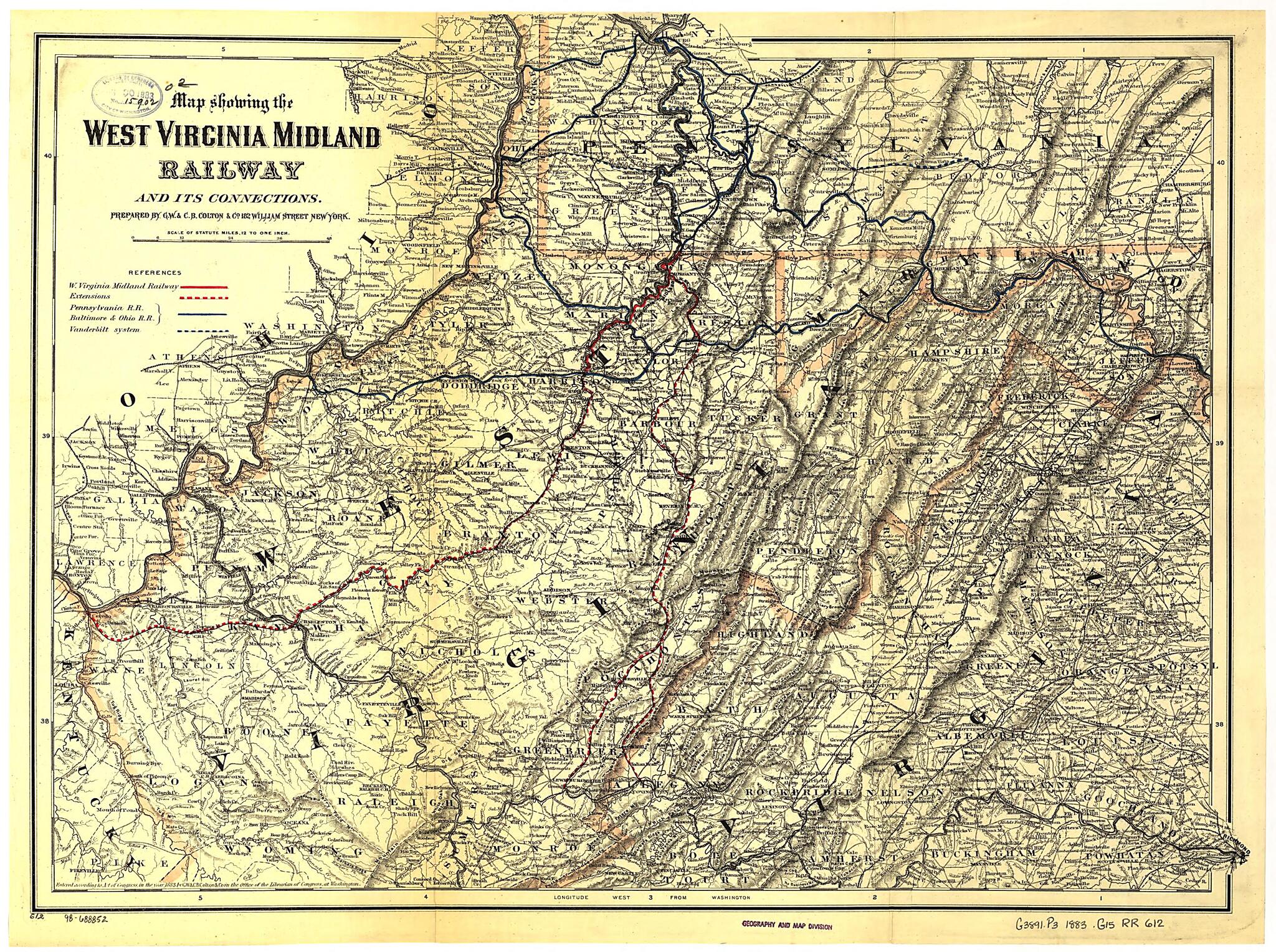 This old map of Map Showing the West Virginia Midland Railway and Its Connections from 1883 was created by G.W. & C.B. Colton & Co, West Virginia Midland Railroad in 1883