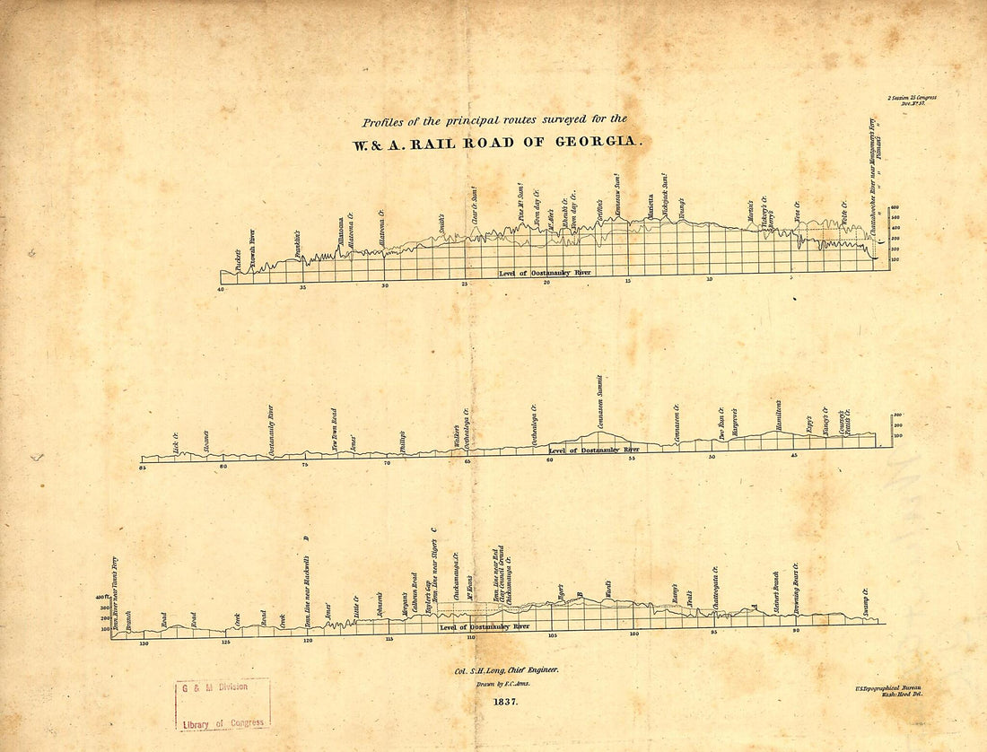 This old map of Map of the Country Embracing the Various Routes Surveyed for the Western & Atlantic Rail Road of Georgia, Under the Direction of Lieut. Col. S. H. Long, Chief Engineer, from 1837, U.S. Topographical Bureau M. H. Stansbury, Del was created