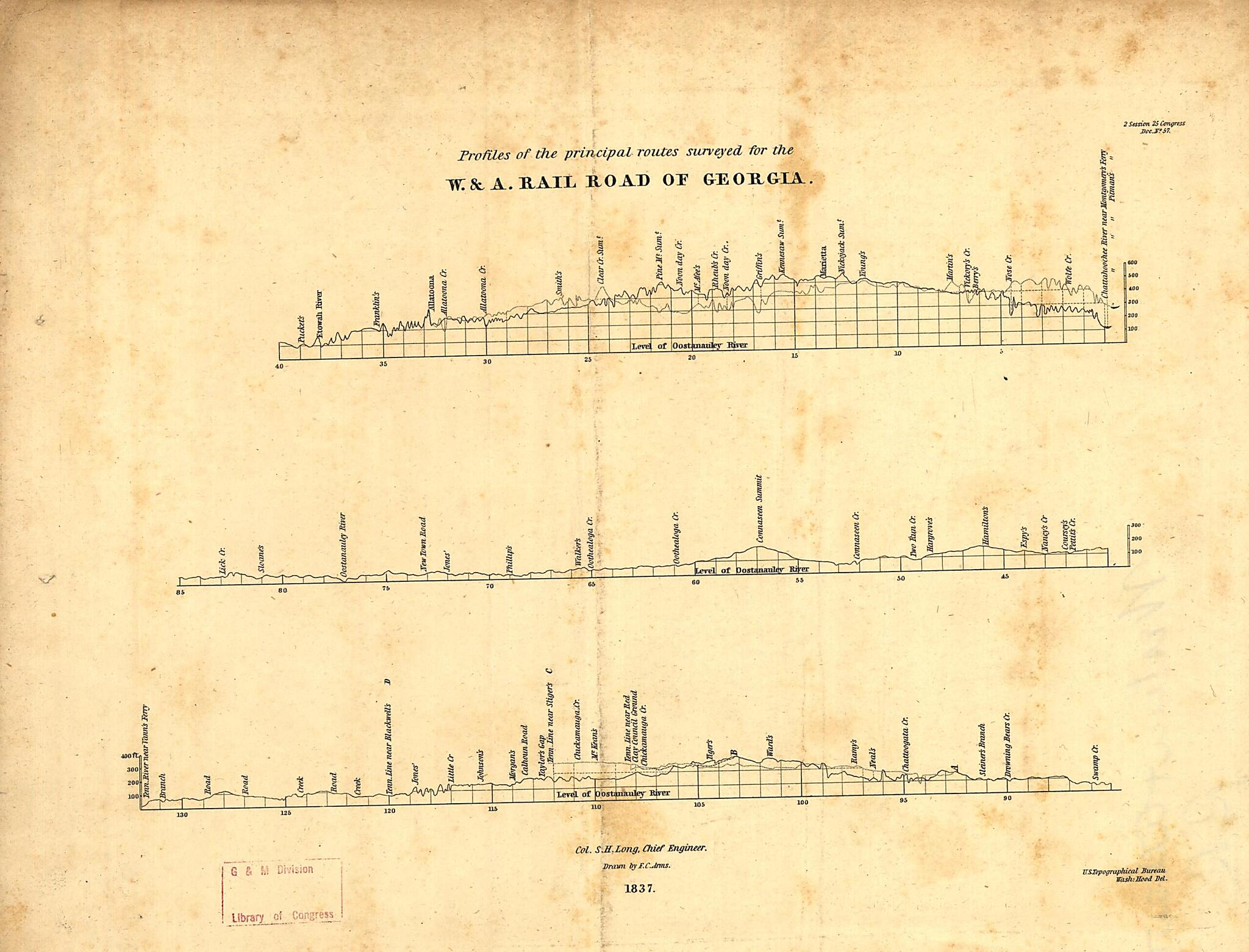 This old map of Map of the Country Embracing the Various Routes Surveyed for the Western & Atlantic Rail Road of Georgia, Under the Direction of Lieut. Col. S. H. Long, Chief Engineer, from 1837, U.S. Topographical Bureau M. H. Stansbury, Del was created