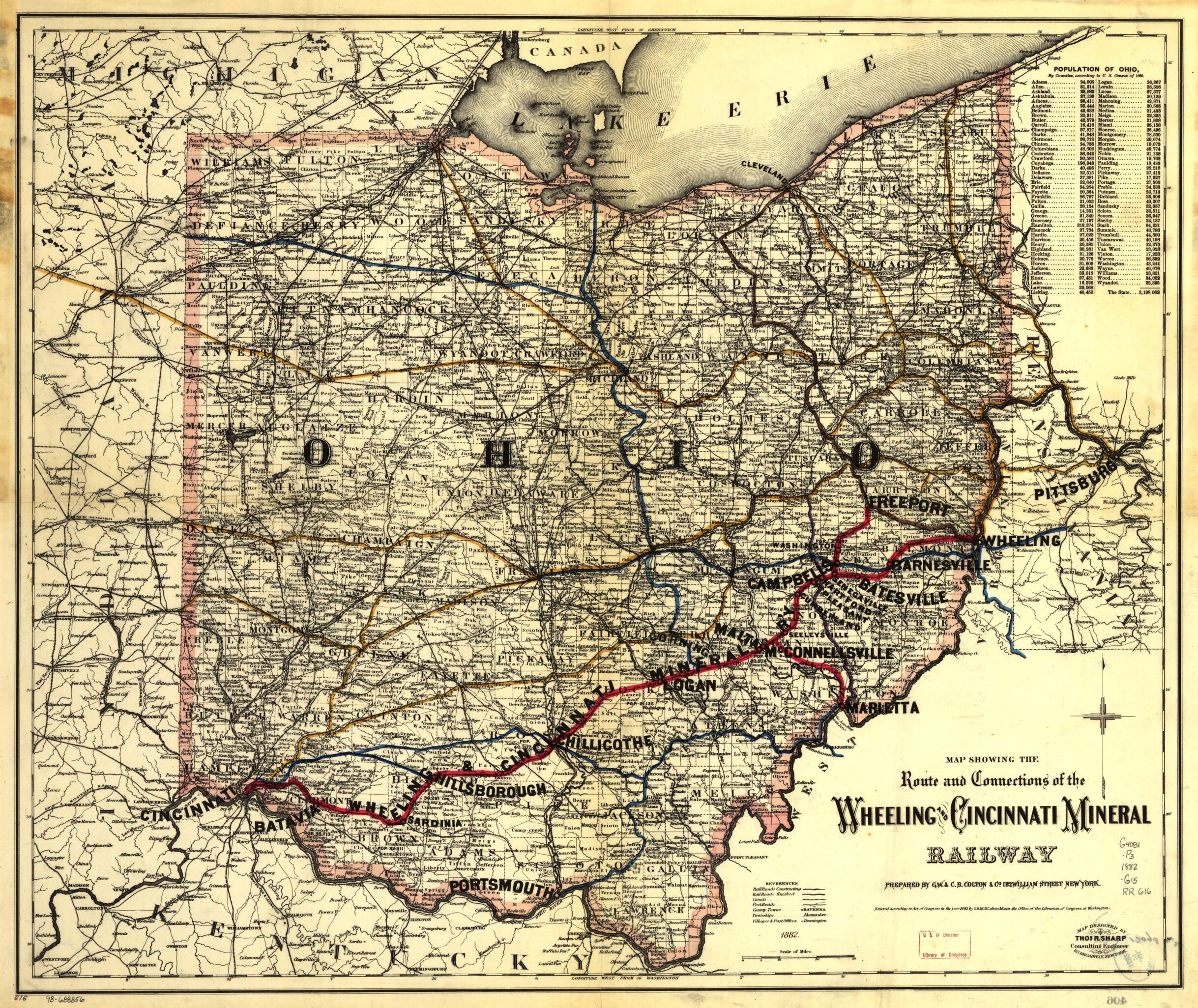 This old map of Map Showing the Route and Connections of the Wheeling and Cincinnati Mineral Railway from 1882 was created by G.W. & C.B. Colton & Co, Wheeling and Cincinnati Mineral Railway in 1882