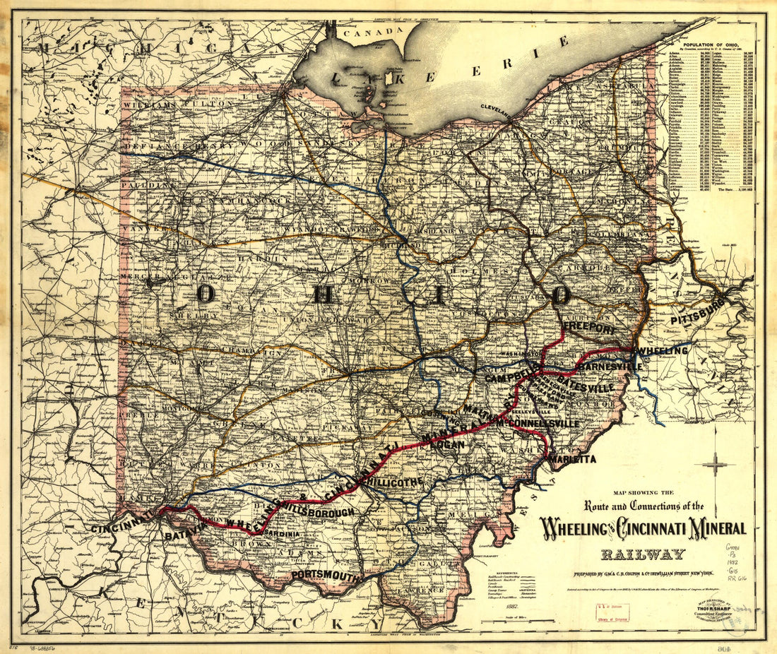 This old map of Map Showing the Route and Connections of the Wheeling and Cincinnati Mineral Railway from 1882 was created by G.W. & C.B. Colton & Co, Wheeling and Cincinnati Mineral Railway in 1882