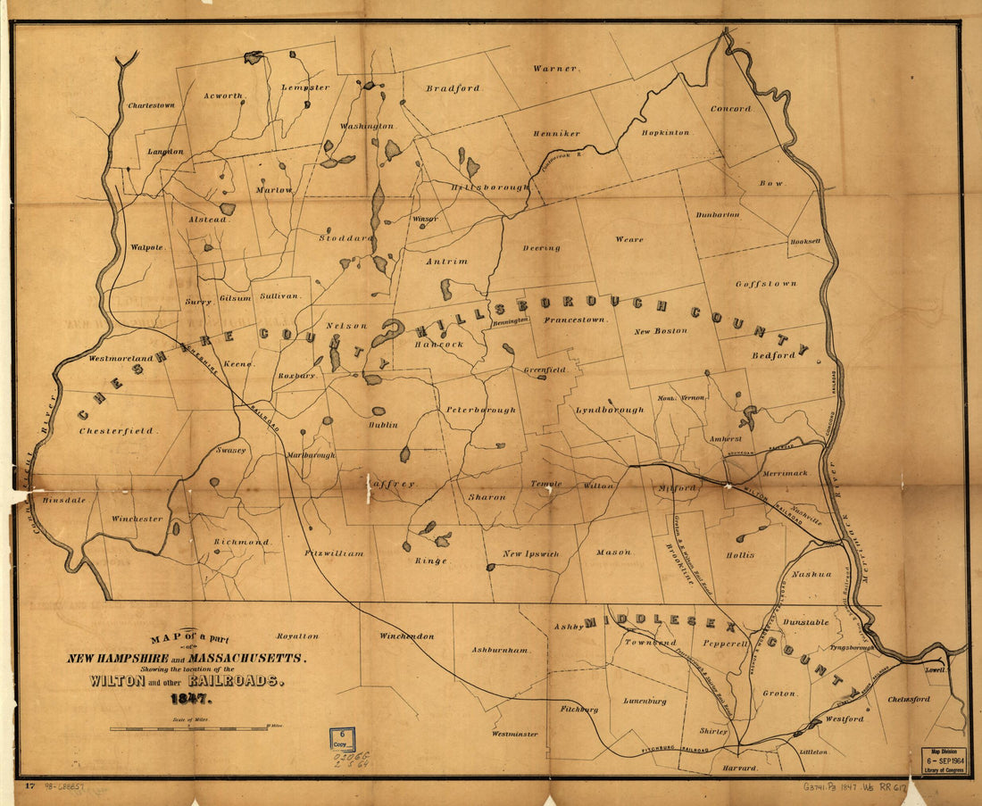 This old map of Map of Part of New Hampshire and Massachusetts, Showing the Location of the Wilton and Other Railroads from 1847 was created by Wilton Railroad Company in 1847