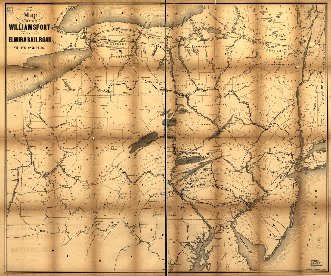 This old map of Map of the Williamsport and Elmira Railroad With Its Connections from 1850 was created by P.S. Duval & Co, Williamsport and Elmira Railroad Company in 1850