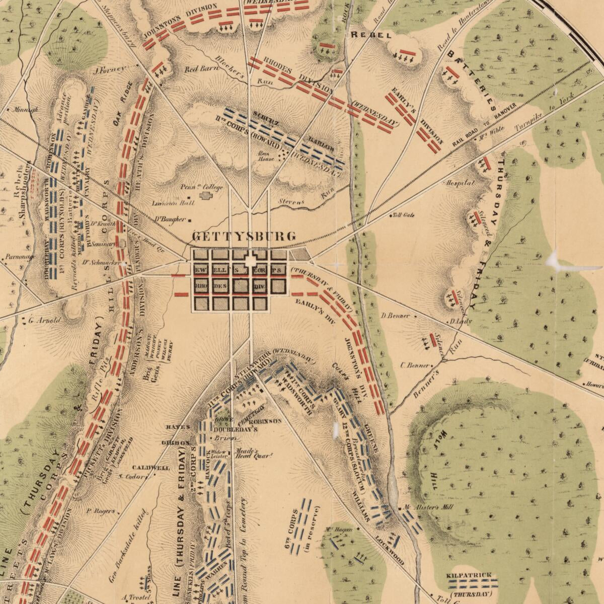 This old map of Field of Gettysburg, July 1st, 2nd & 3rd from 1863 (Field of Gettysburg, July First, Second, and Third from 1863, Sketch of the Battles of Gettysburg With an Explanatory Map) was created by Corydon A. Alvord, T. (Theodore) Ditterline,  Jo