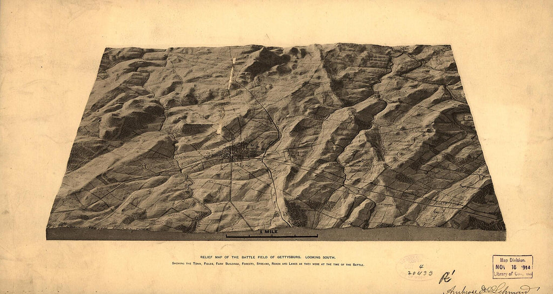 This old map of Relief Map of the Battle Field of Gettysburg. Looking South. Showing the Town, Fields, Farm Buildings, Forests, Streams, Roads and Lanes As They Were at the Time of the Battle from 1886 was created by Ambrose E. (Ambrose Edwin) Lehman in
