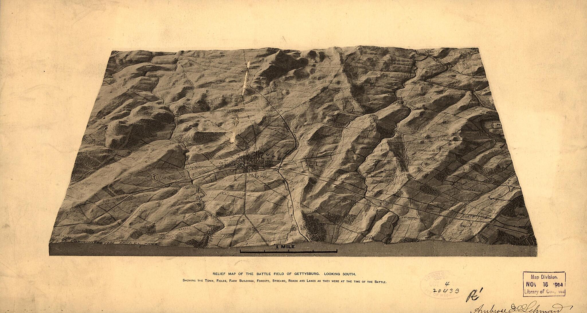 This old map of Relief Map of the Battle Field of Gettysburg. Looking South. Showing the Town, Fields, Farm Buildings, Forests, Streams, Roads and Lanes As They Were at the Time of the Battle from 1886 was created by Ambrose E. (Ambrose Edwin) Lehman in