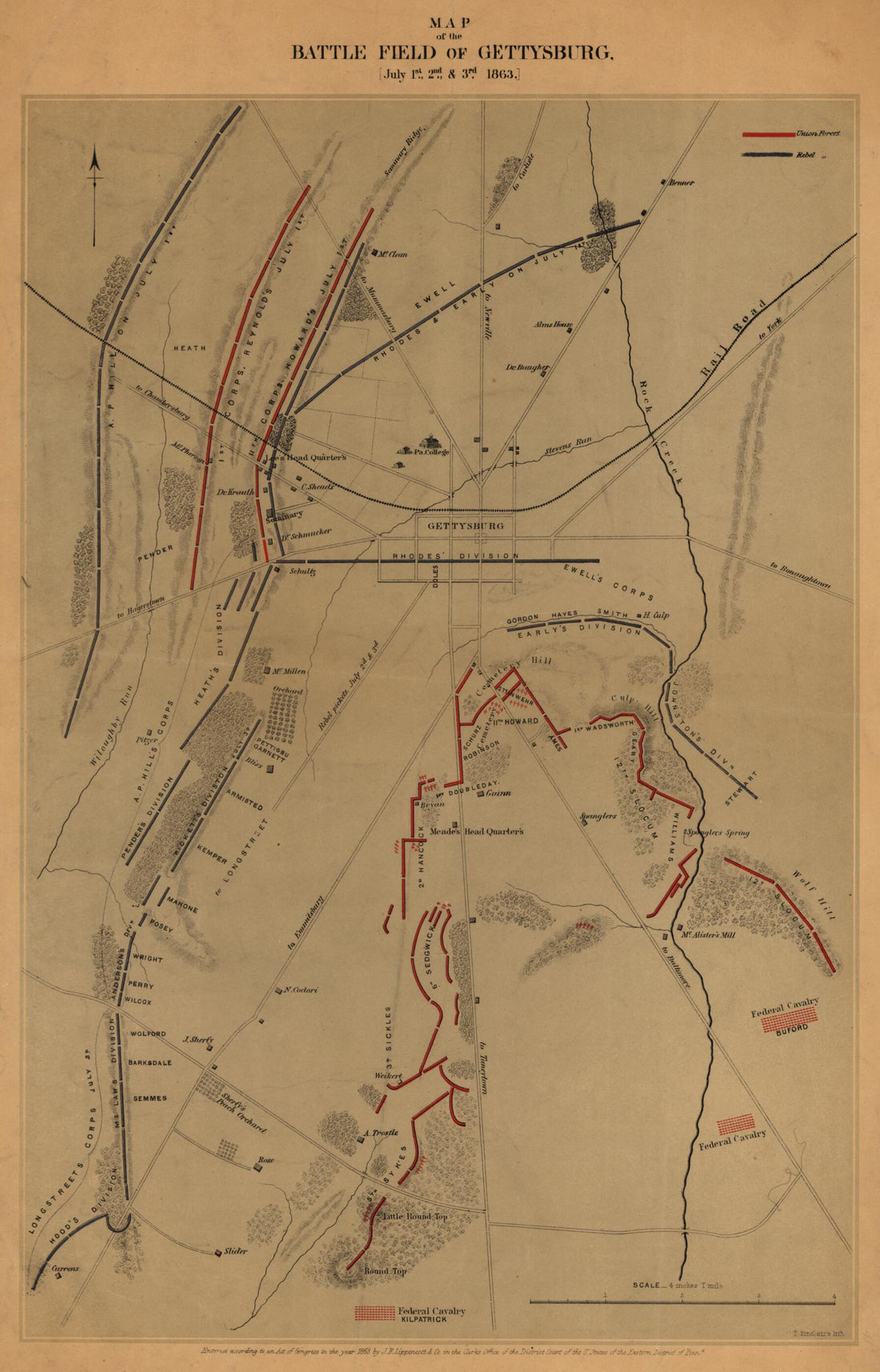 This old map of Map of the Battle Field of Gettysburg. July 1st, 2nd, and 3rd 1863 from 1864 was created by J.B. Lippincott Company in 1864