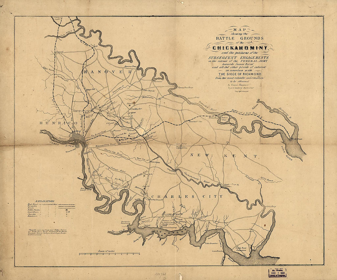 This old map of Map Showing the Battle Grounds of the Chickahominy, and the Positions of the Subsequent Engagements In the Retreat of the Federal Army Towards James River and All the Other Points of Interest In Connection With the Siege of Richmond from
