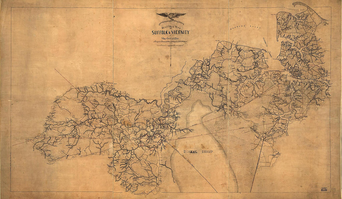 This old map of Military Map of Suffolk & Vicinity for Majr. Genl. J. A. Dix (Military Map of Suffolk and Vicinity for Majr. Genl. J. A. Dix) from 1863 was created by Oscar Soederquist in 1863
