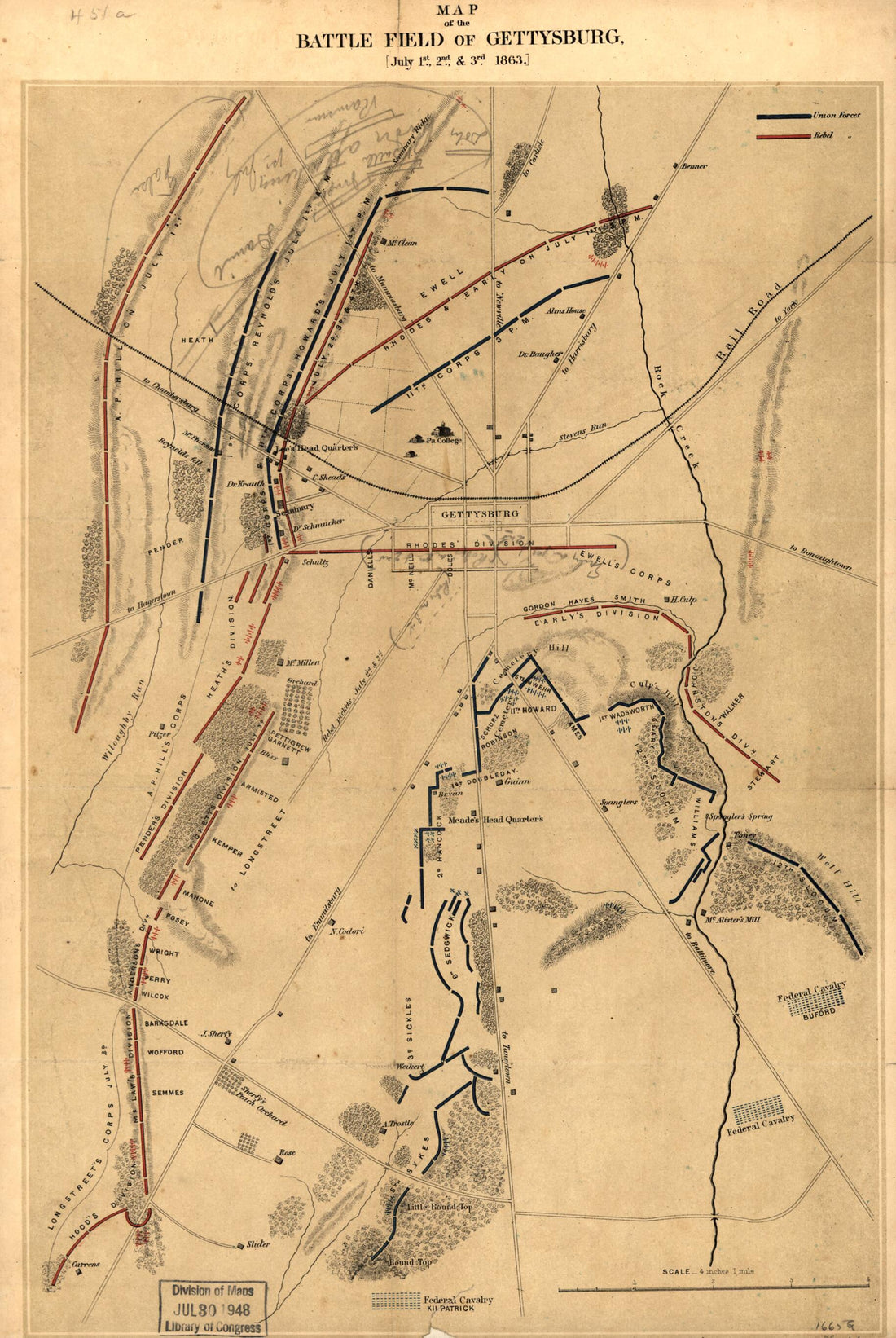 This old map of Map of the Battle Field of Gettysburg. July 1st, 2nd, and 3rd from 1863 was created by J.B. Lippincott Company in 1863